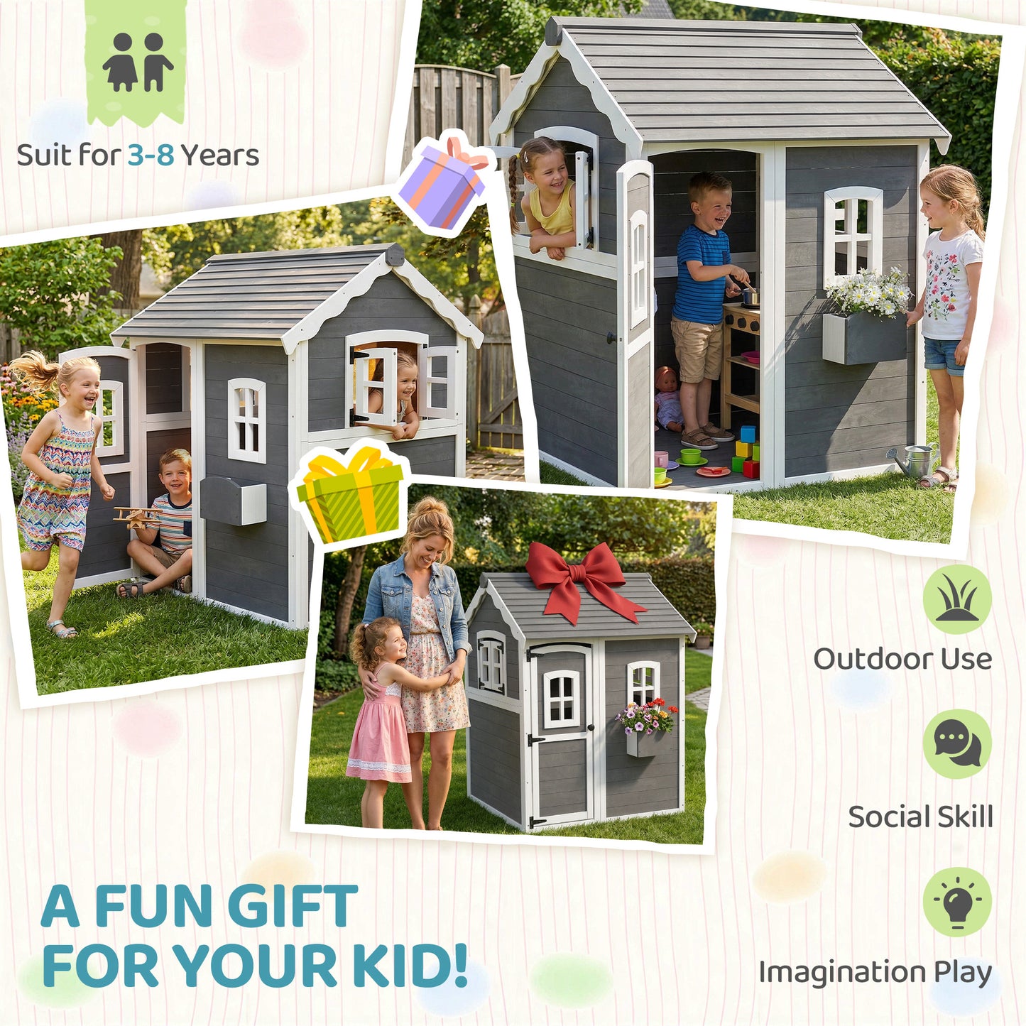 Wooden Playhouse for Kids with Doors, Windows, Plant Box, Floors