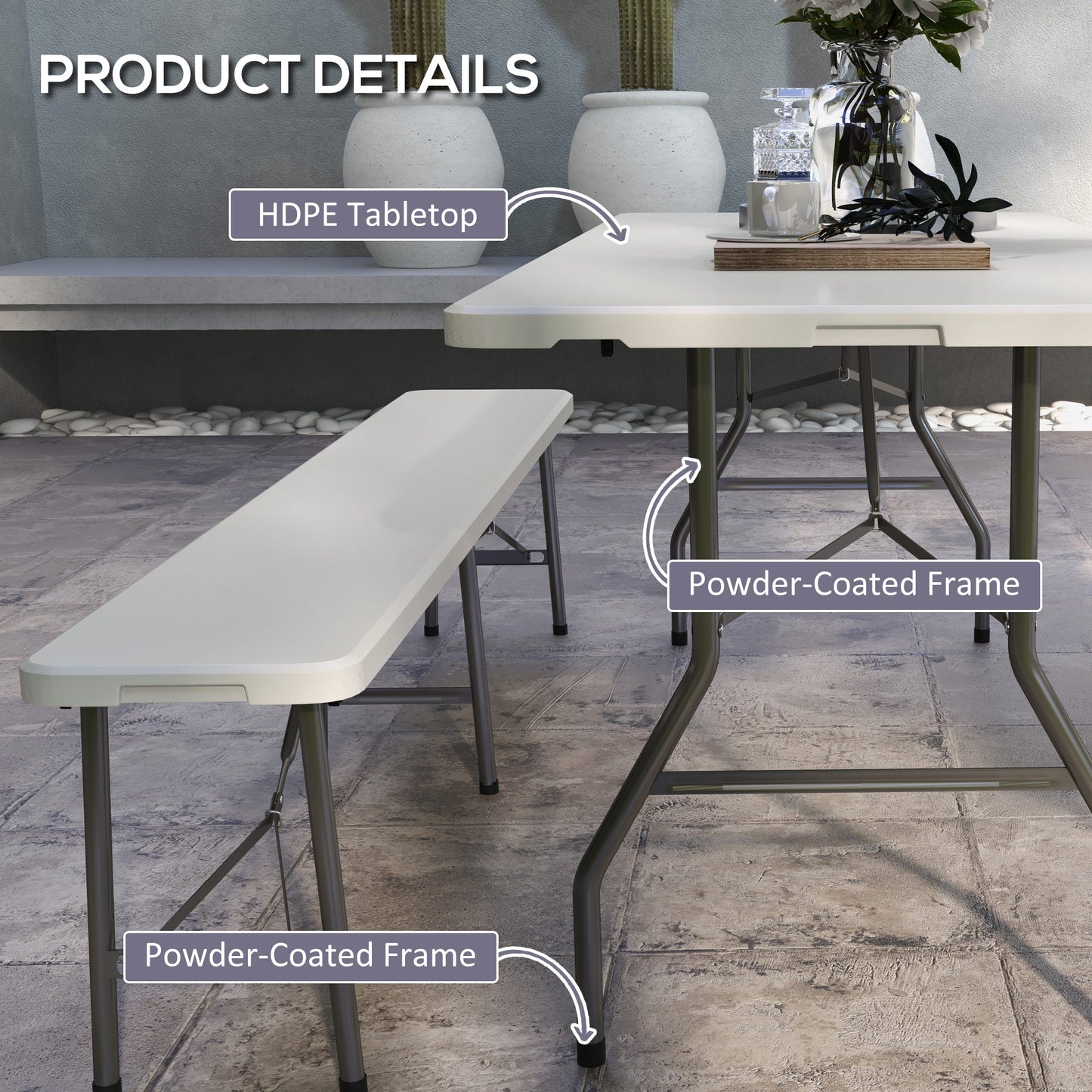Folding Garden Table, 180 x 75cm Rectangular HDPE Outdoor Picnic