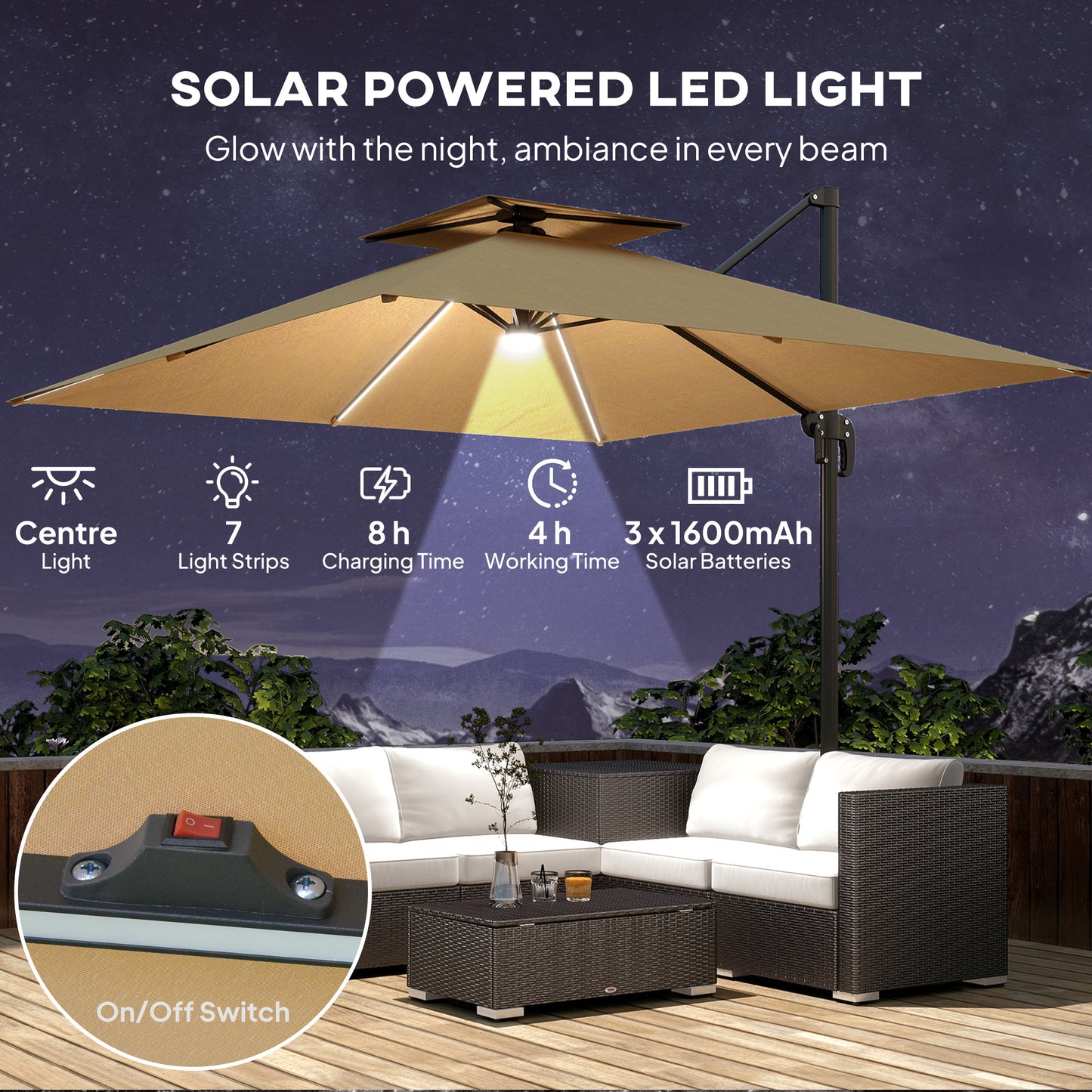 2.5m Cantilever Parasol with Solar Powered LED Lights, 360° Rotation