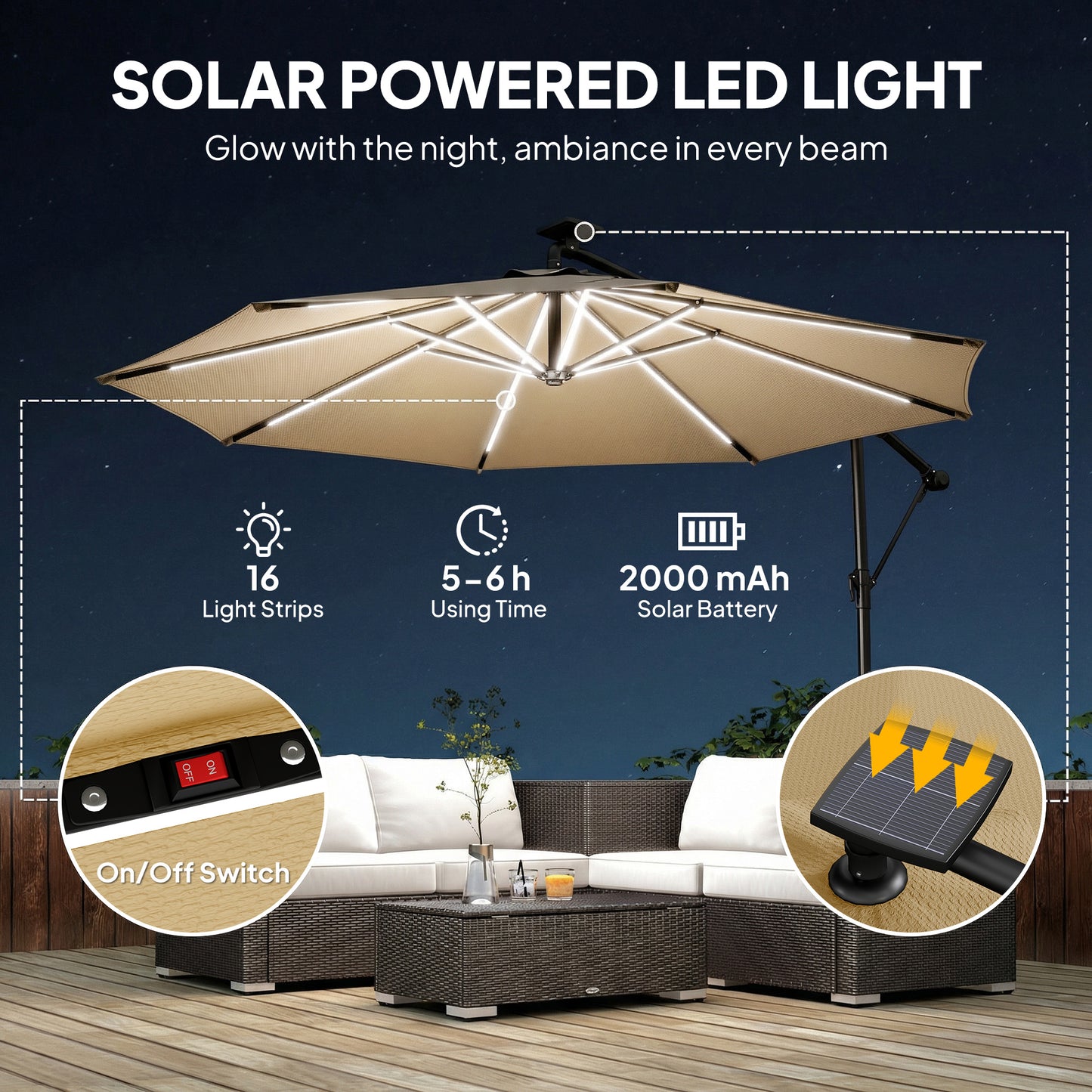 3 m Garden Cantilever Parasol with LED Solar Light