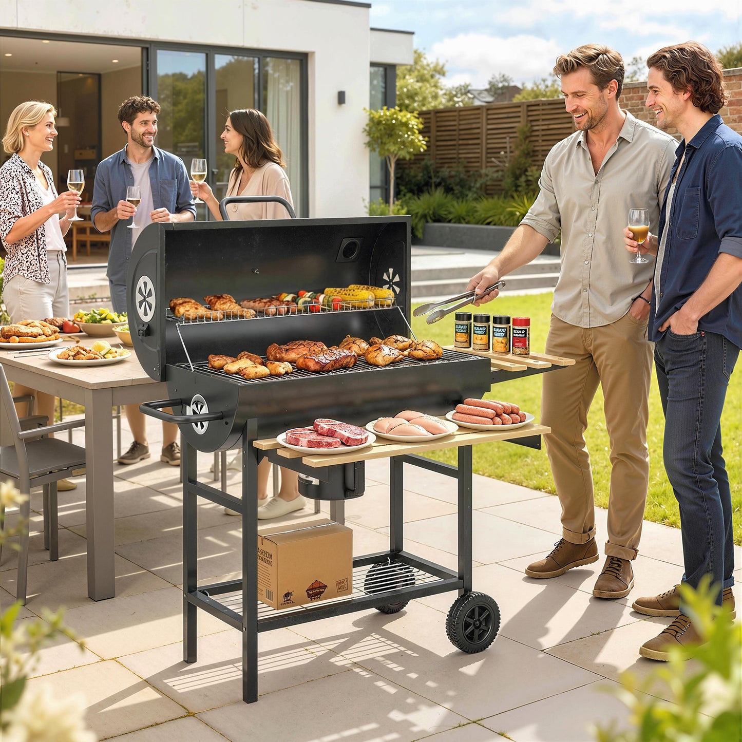 Charcoal Grill, Barrel BBQ Smoker with Warming Rack