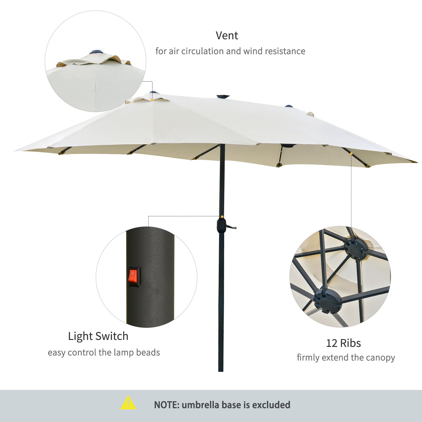 4.4m Double-Sided Sun Umbrella Patio Parasol LED Solar Lights