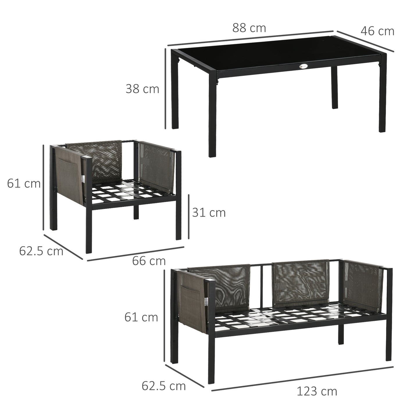 4 Piece Metal Garden Furniture Set with Tempered Glass Coffee Table