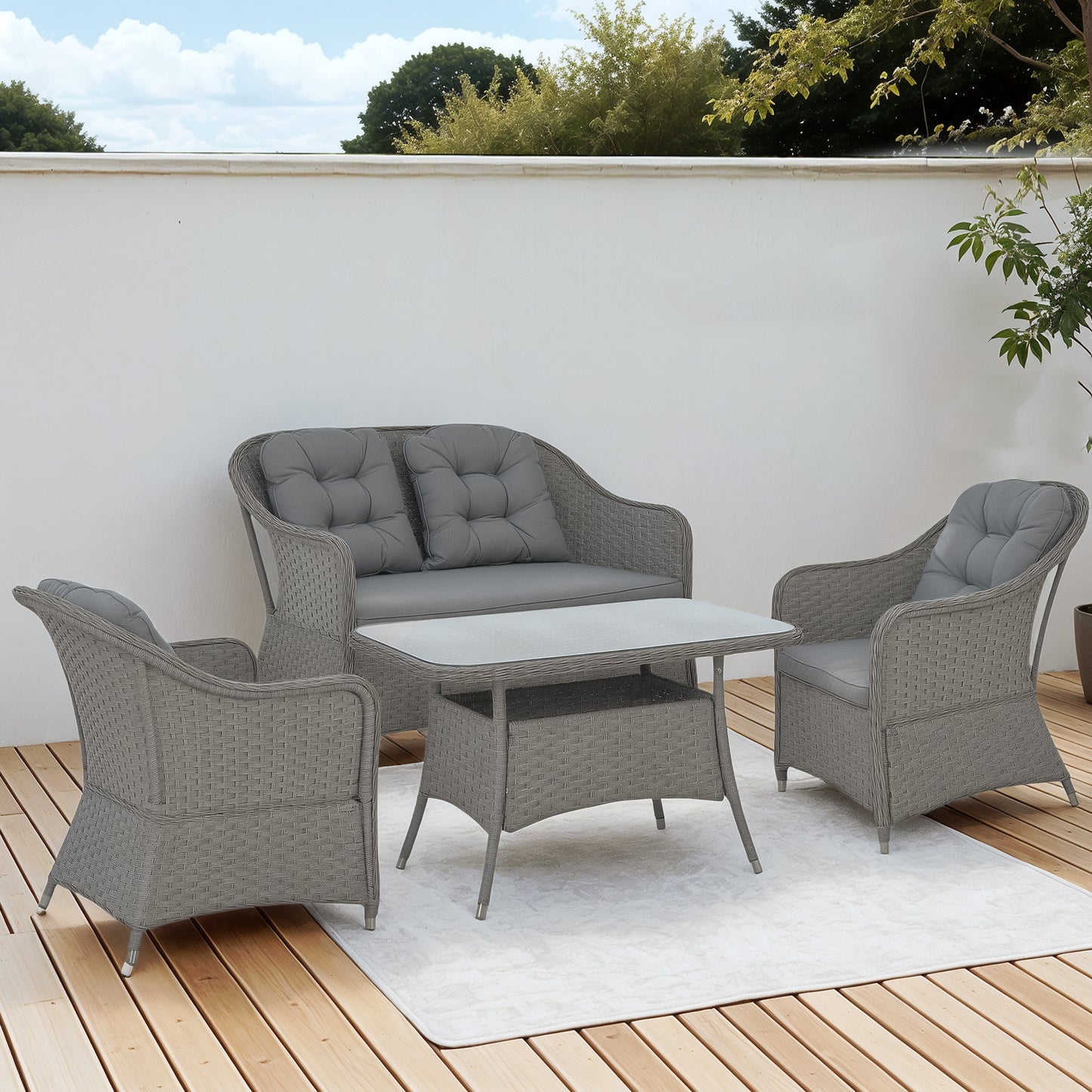 Four-Piece Rattan Set, with Glass-Top Table