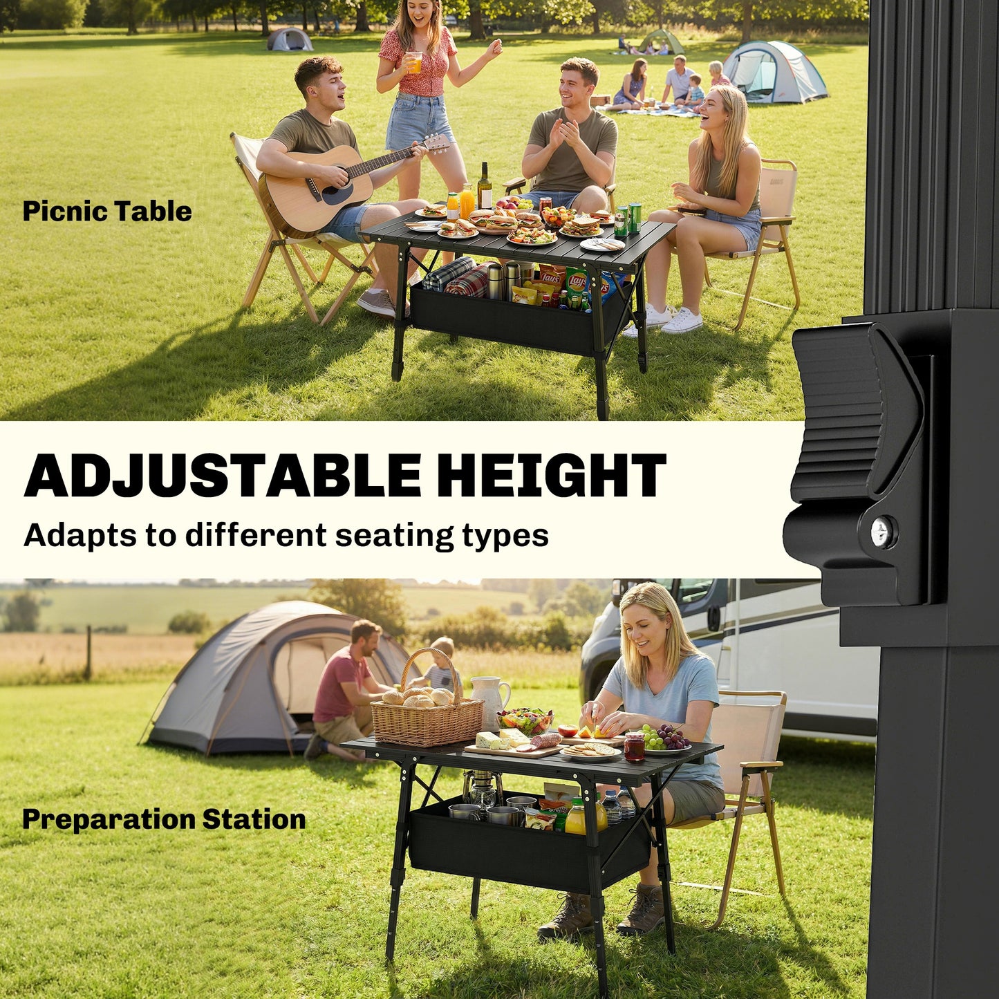 Folding Camping Table, 90 x 55 cm Height Adjustable Portable