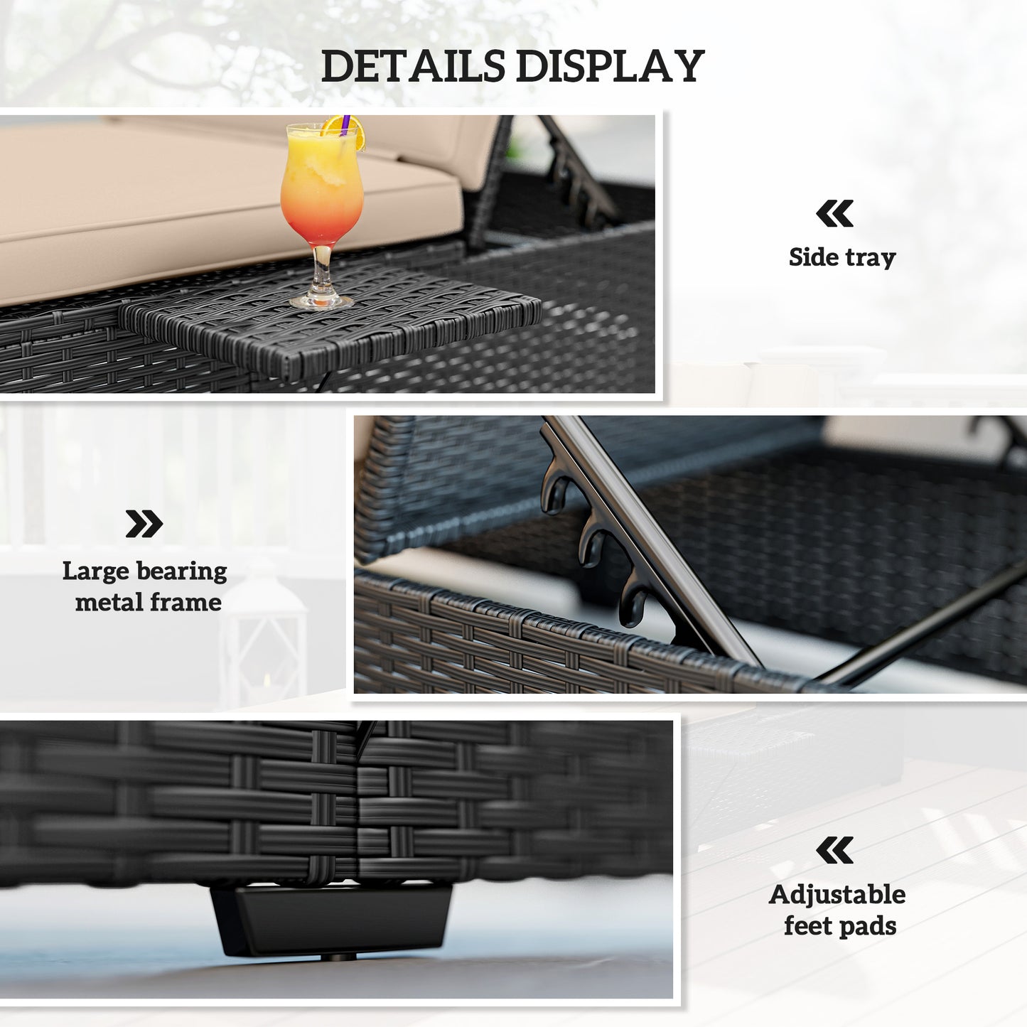 Rattan Sun Lounger with 5-Level Reclining Back Side Tray and Cushion