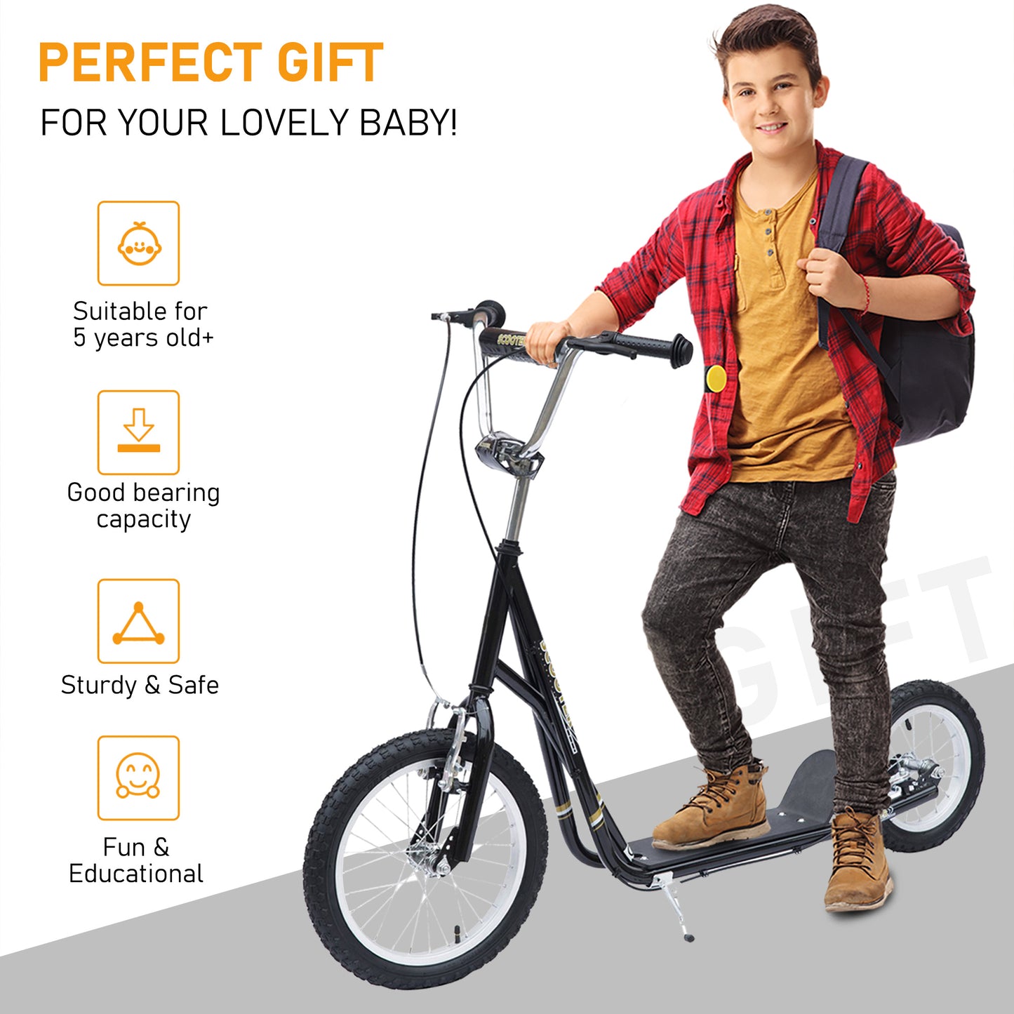 Kids Scooter, Teen Kick Scooter with Rubber Wheels, 16" Front Wheel