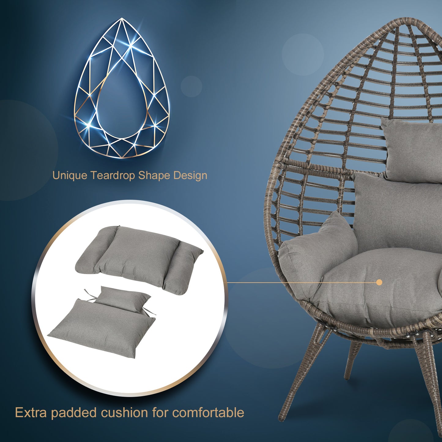 Teardop PE Wicker Rattan Chair w/ Thick Cushions 4 Legs Outdoor