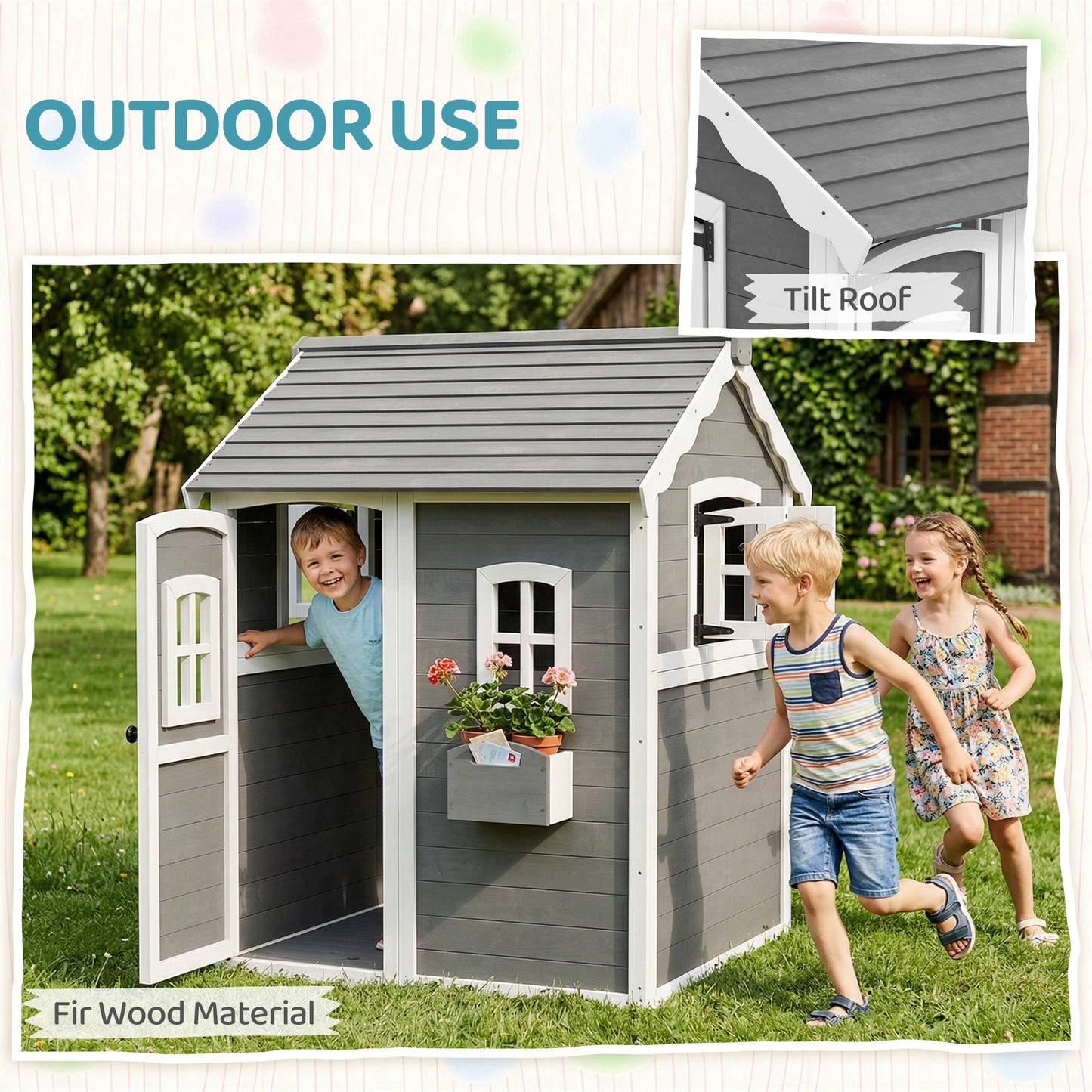Wooden Playhouse for Kids with Doors, Windows, Plant Box, Floors