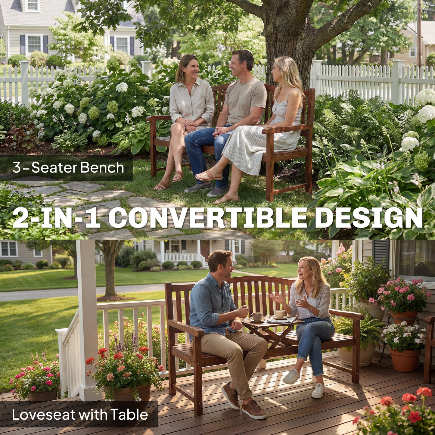 Garden Loveseat Bench, 2-3 Seater Outdoor Bench with Liftable Table