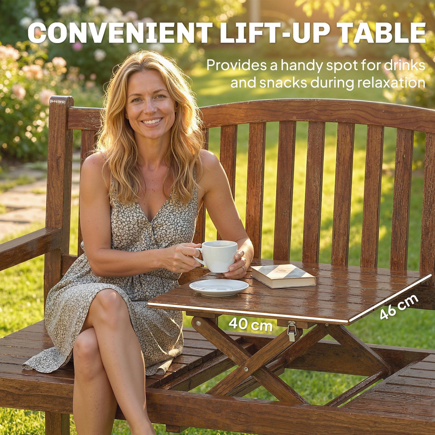 Garden Loveseat Bench, 2-3 Seater Outdoor Bench with Liftable Table