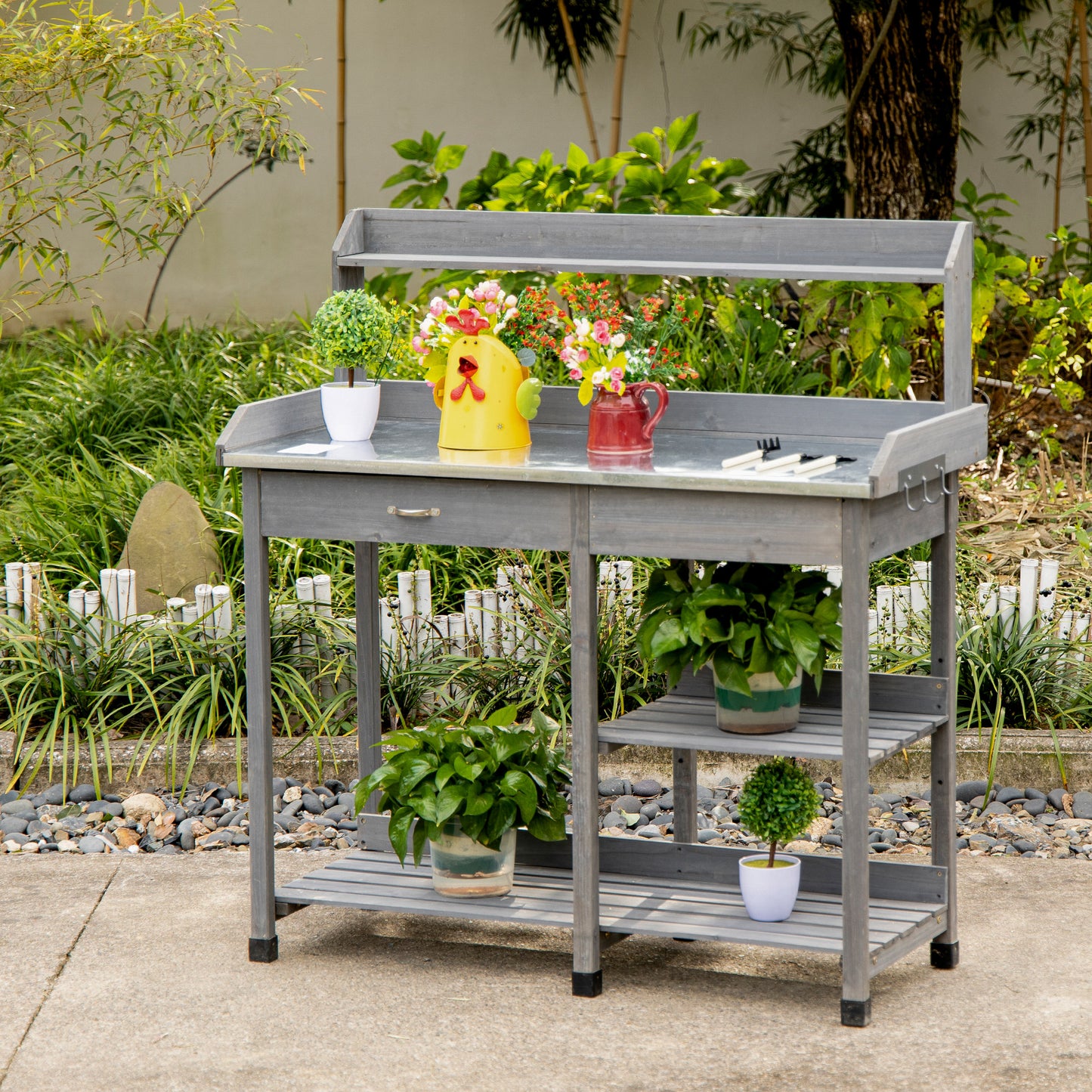 Garden Potting Table with Storage, Workbench, Metal Top