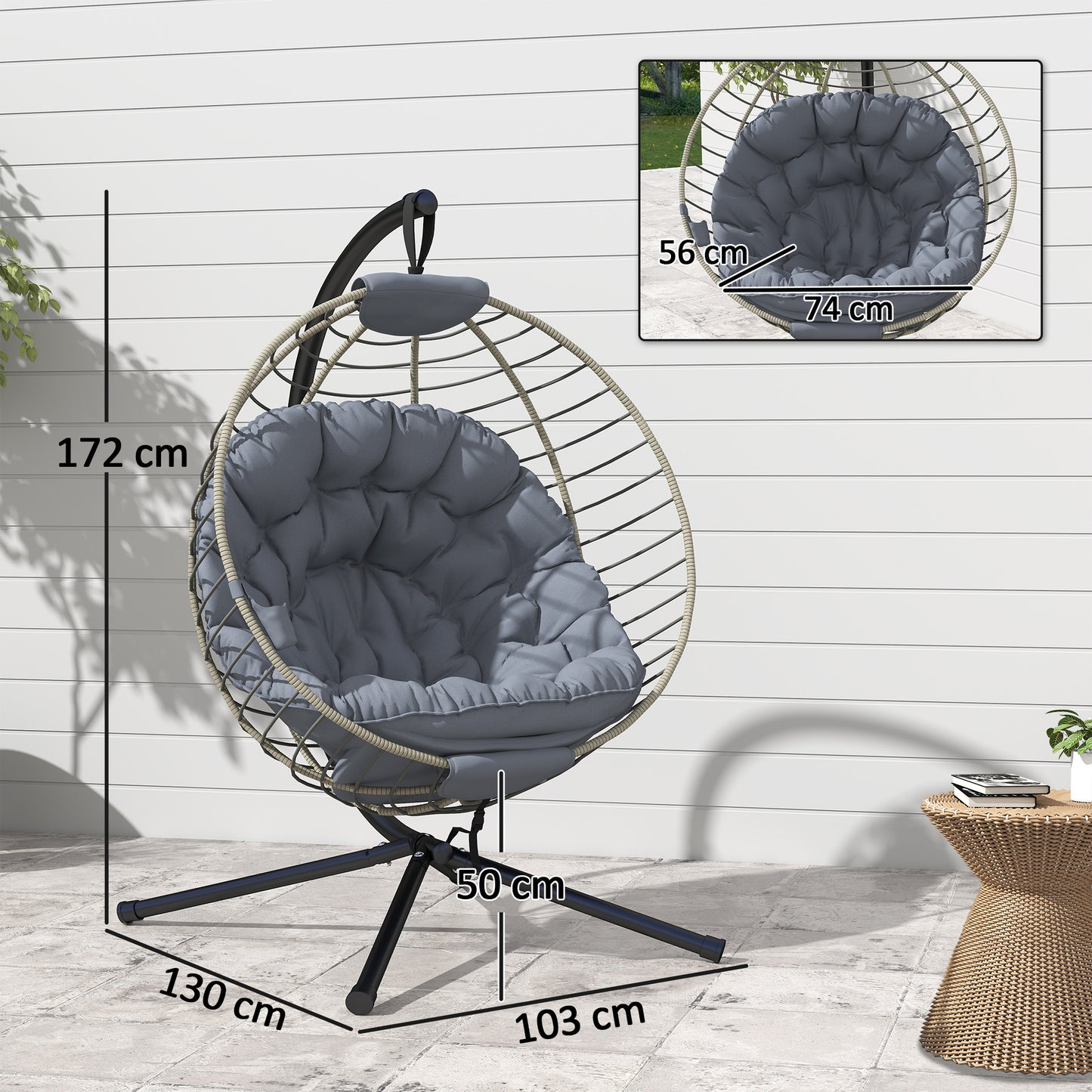 PE Rattan Swing Chair, Outdoor Hanging Chair with Metal Stand