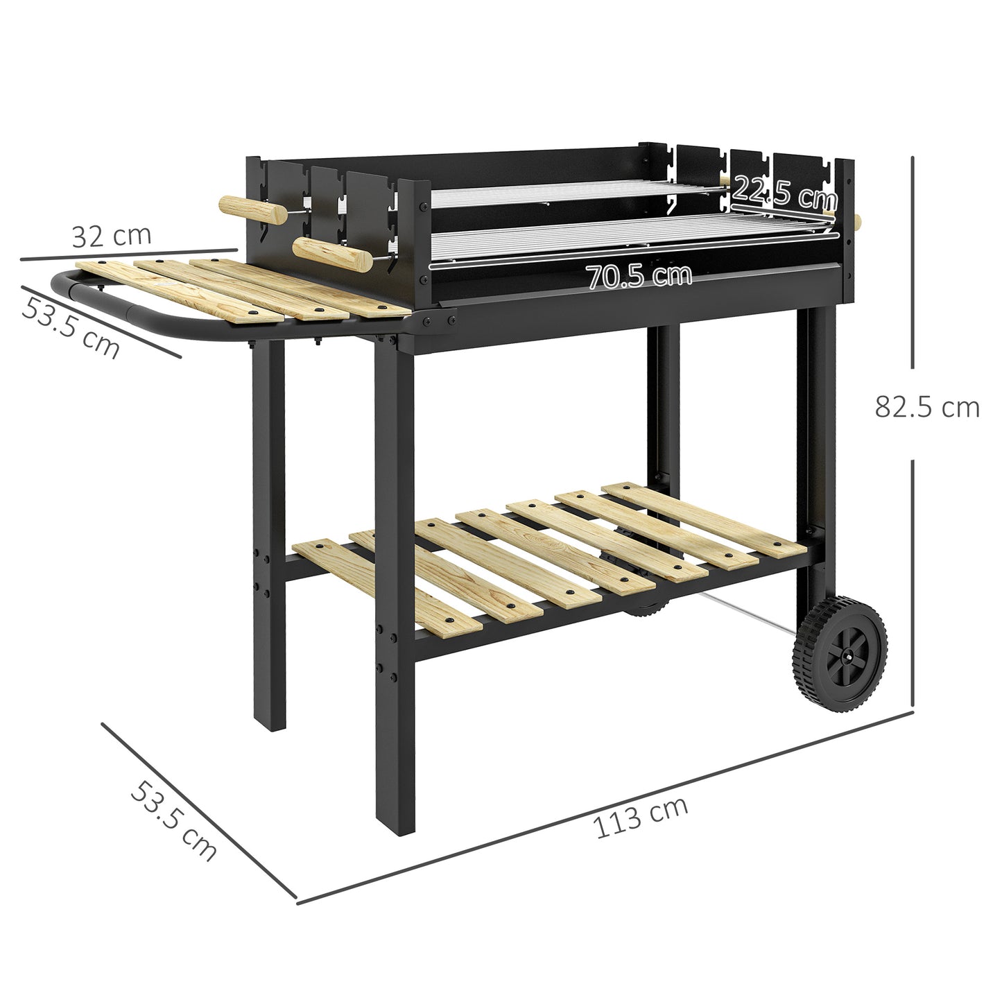 Charcoal BBQ Grill, Barbecue Trolley with Double Adjustable Grill