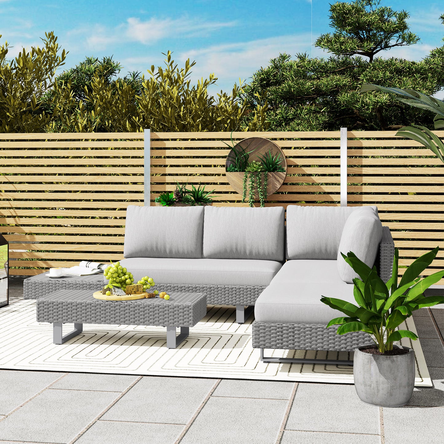 Three-Piece Rattan Sofa Set, with Cushions