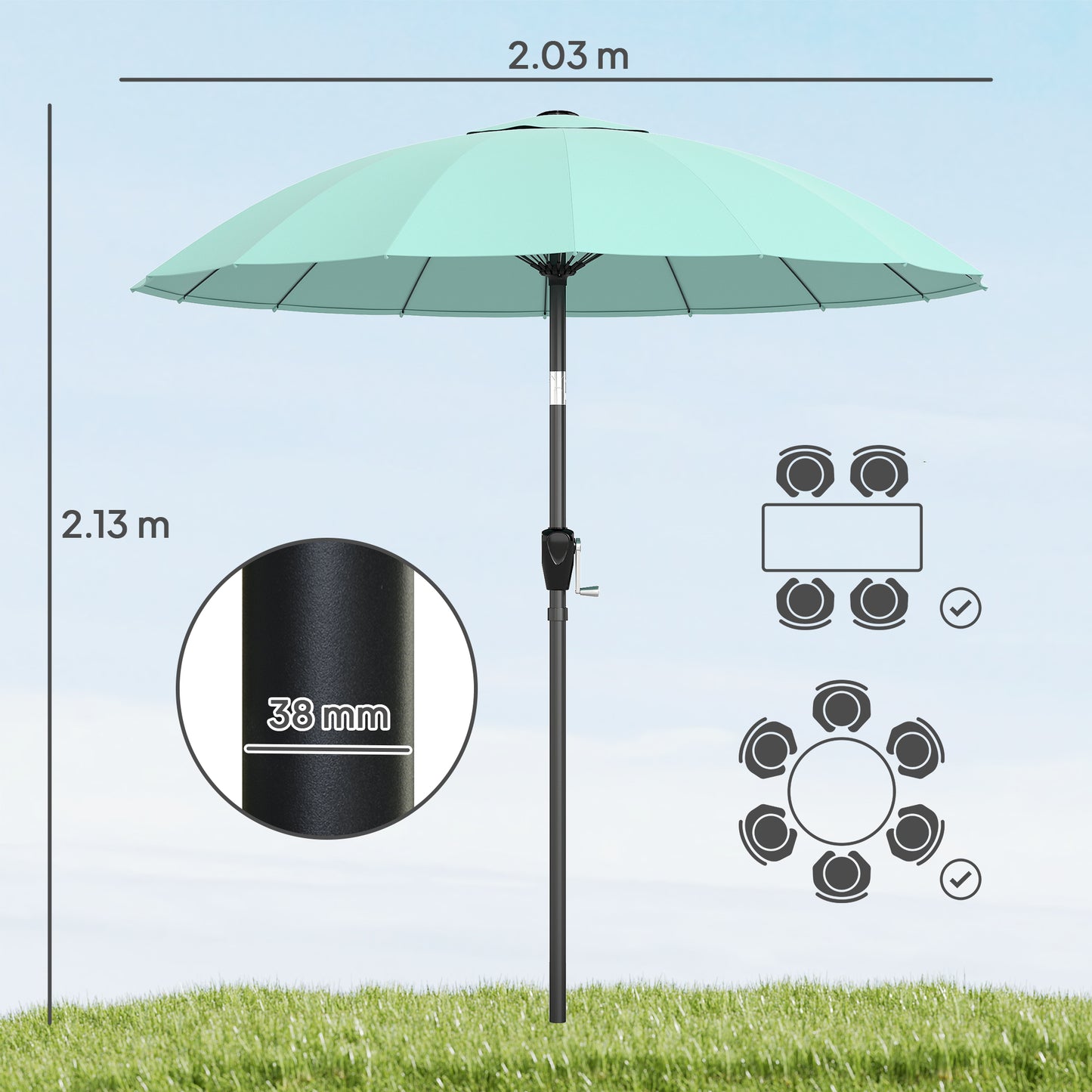 2 m Shanghai Garden Parasol Umbrella with 16 Fibreglass Ribs