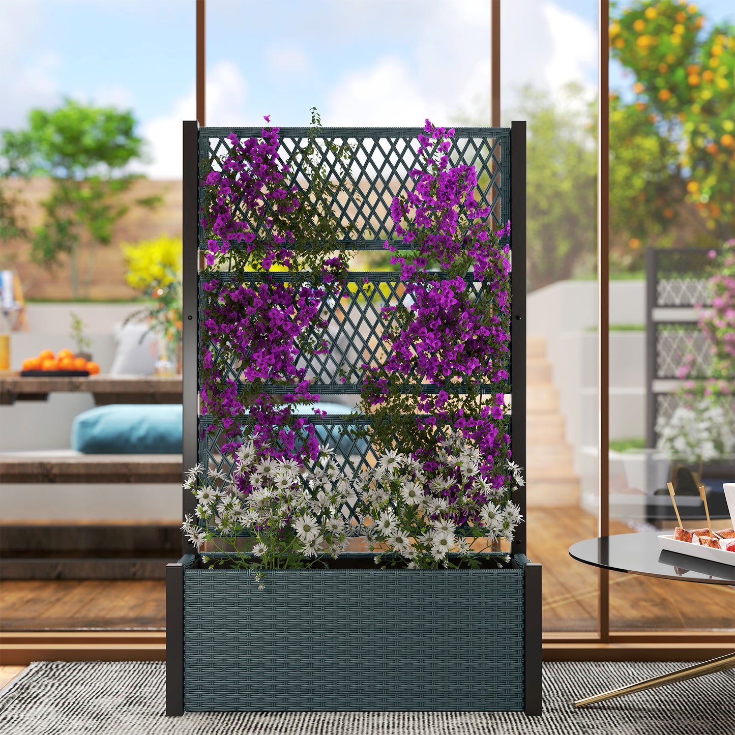 Garden Planter Box with Trellis, Liner for Climbing Plants (1)