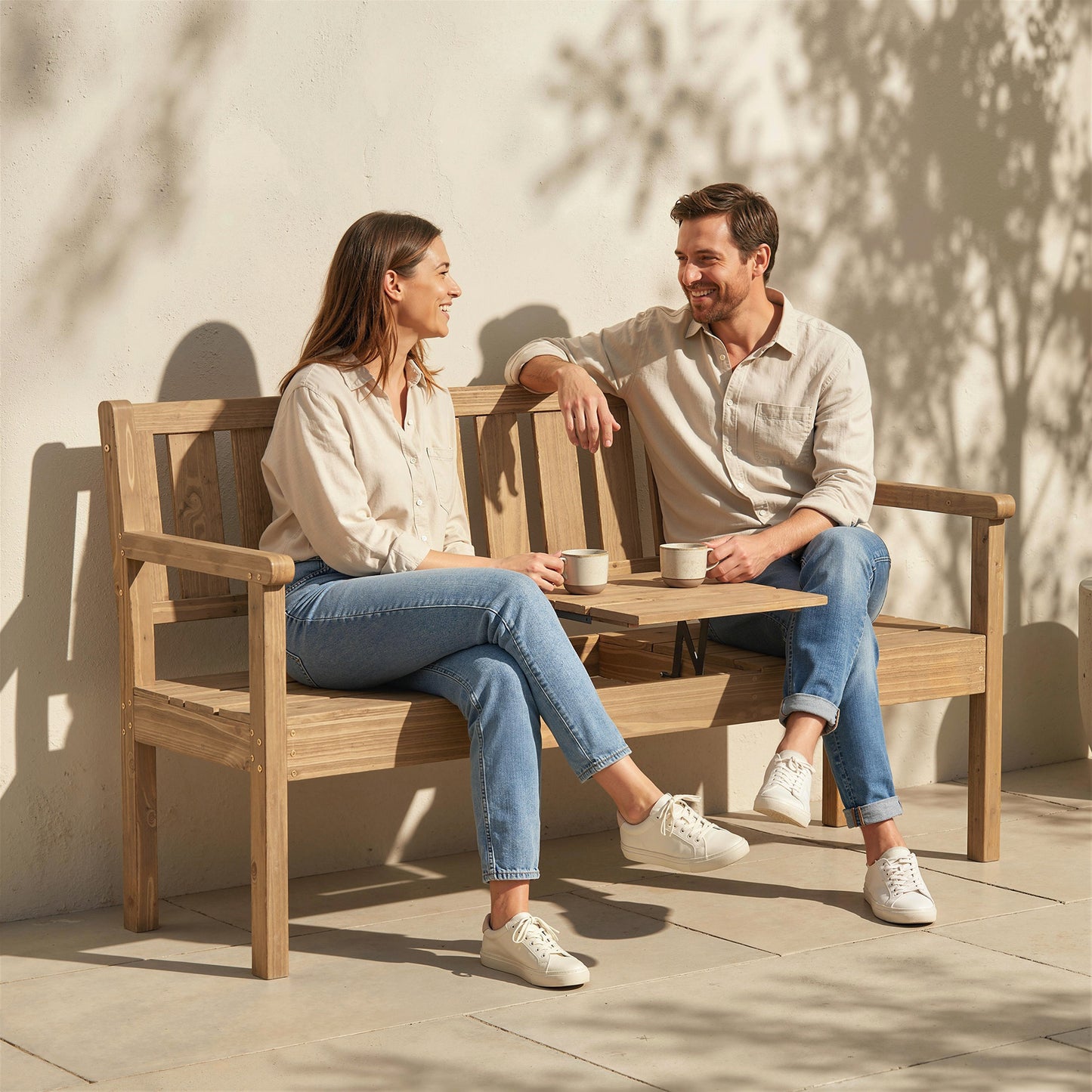 Wooden Garden Bench with Liftable Table & Shelf