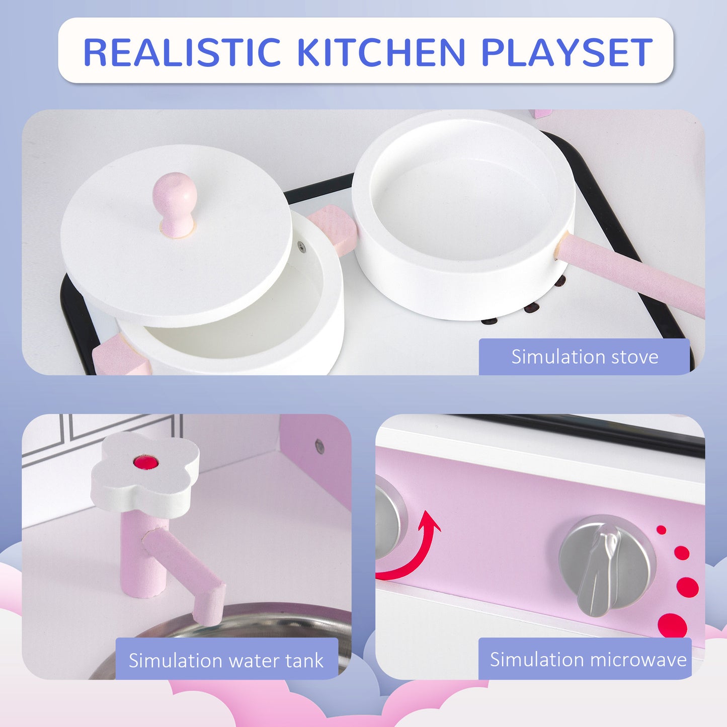 Kids Pretend Kitchen Playset w/ Cooking Toy Accessories