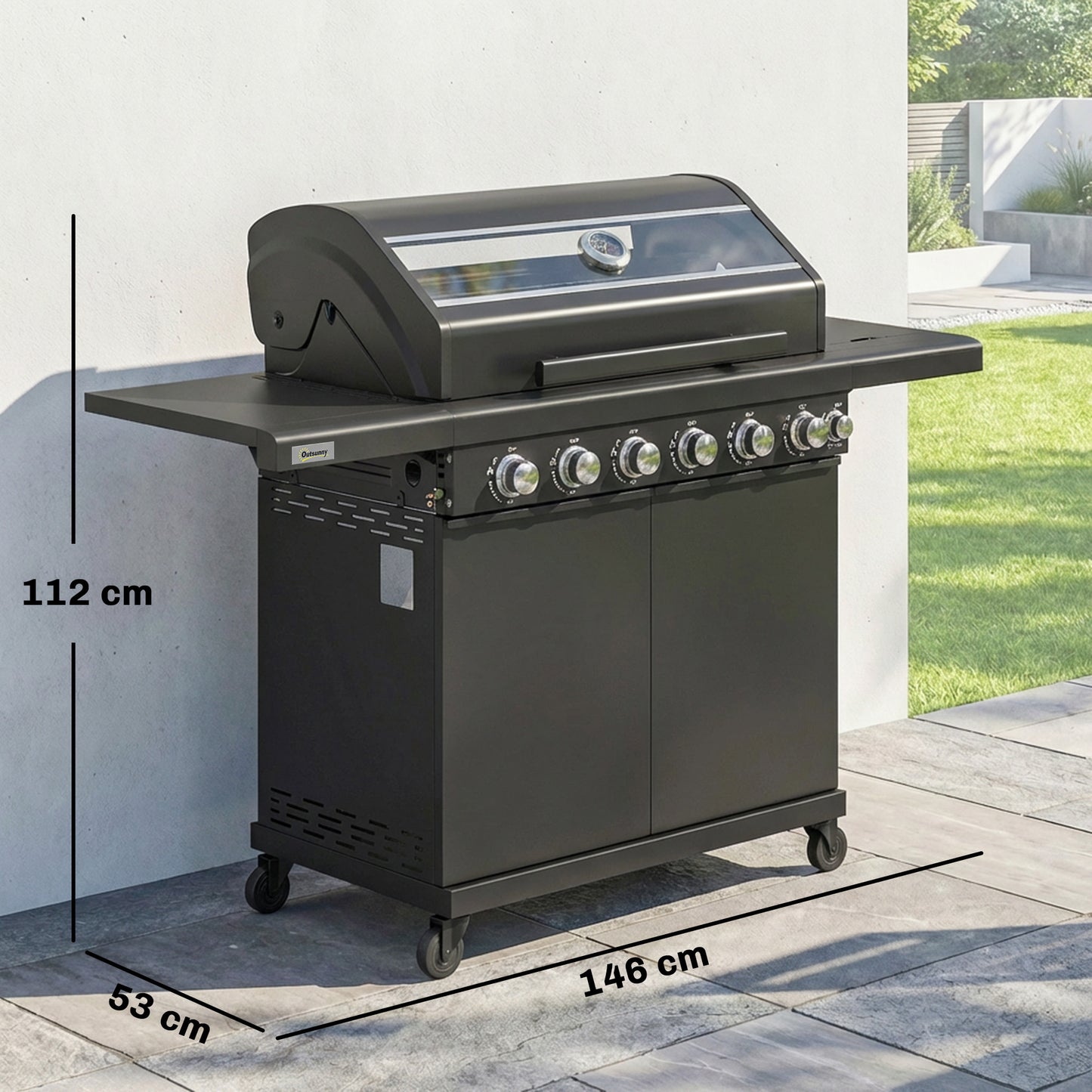 6+1 Burner Gas BBQ Grill, Outdoor Barbecue Trolley with Wheels