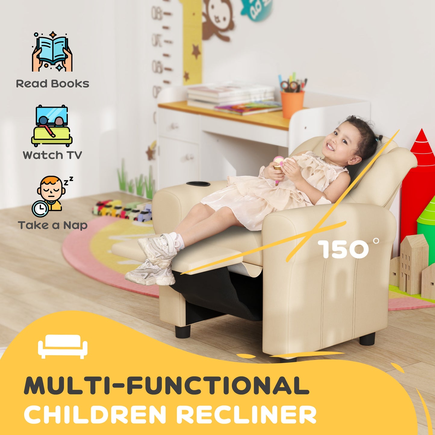 Kids Recliner Chair, PU Leather with Adjustable Backrest, Footrest