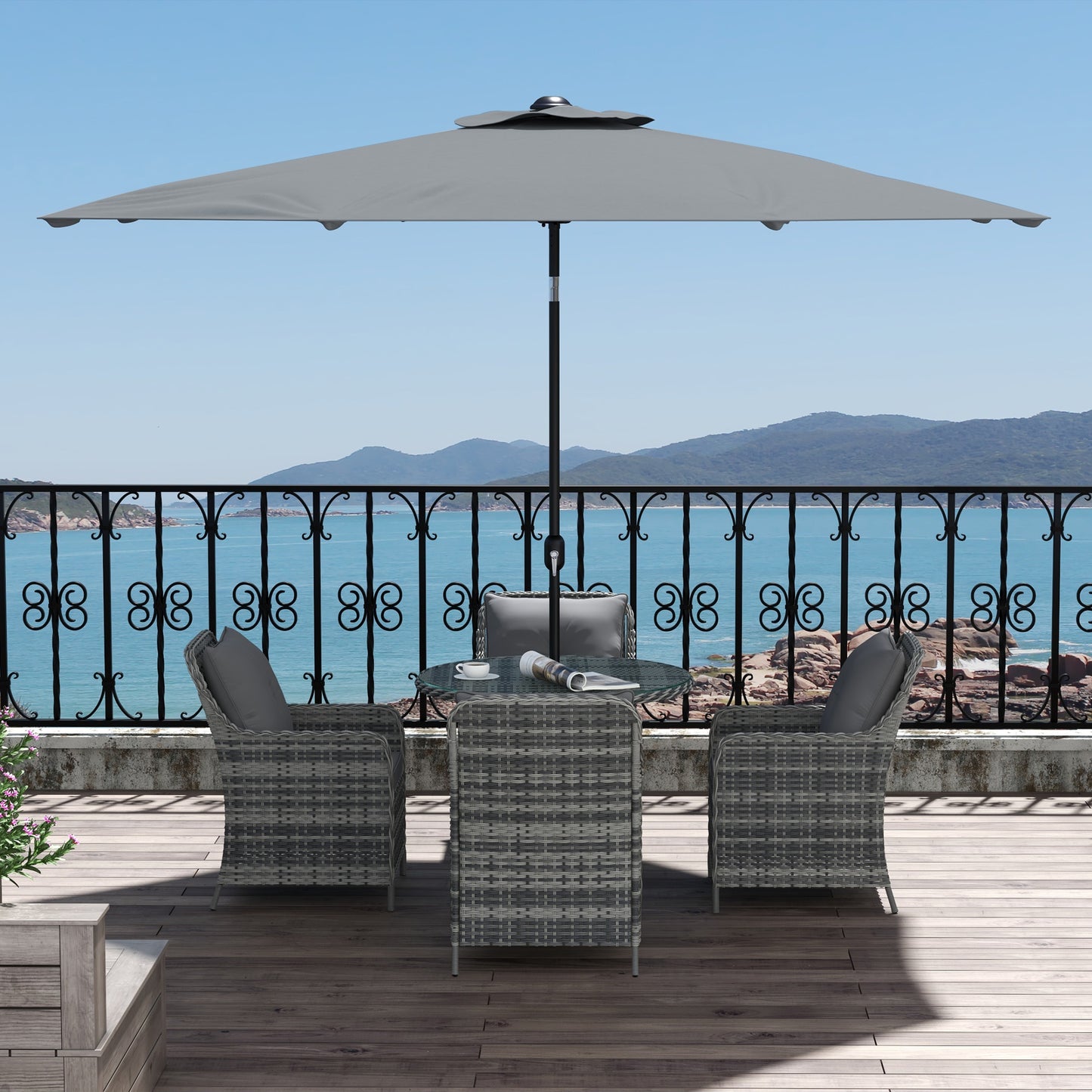 4 Seater Rattan Dining Set with Parasol & Cushions