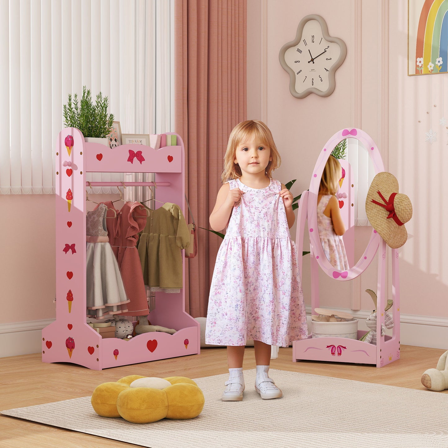 Kids Clothes Rail, Kids Dressing Mirror with 360° Rotating (1)