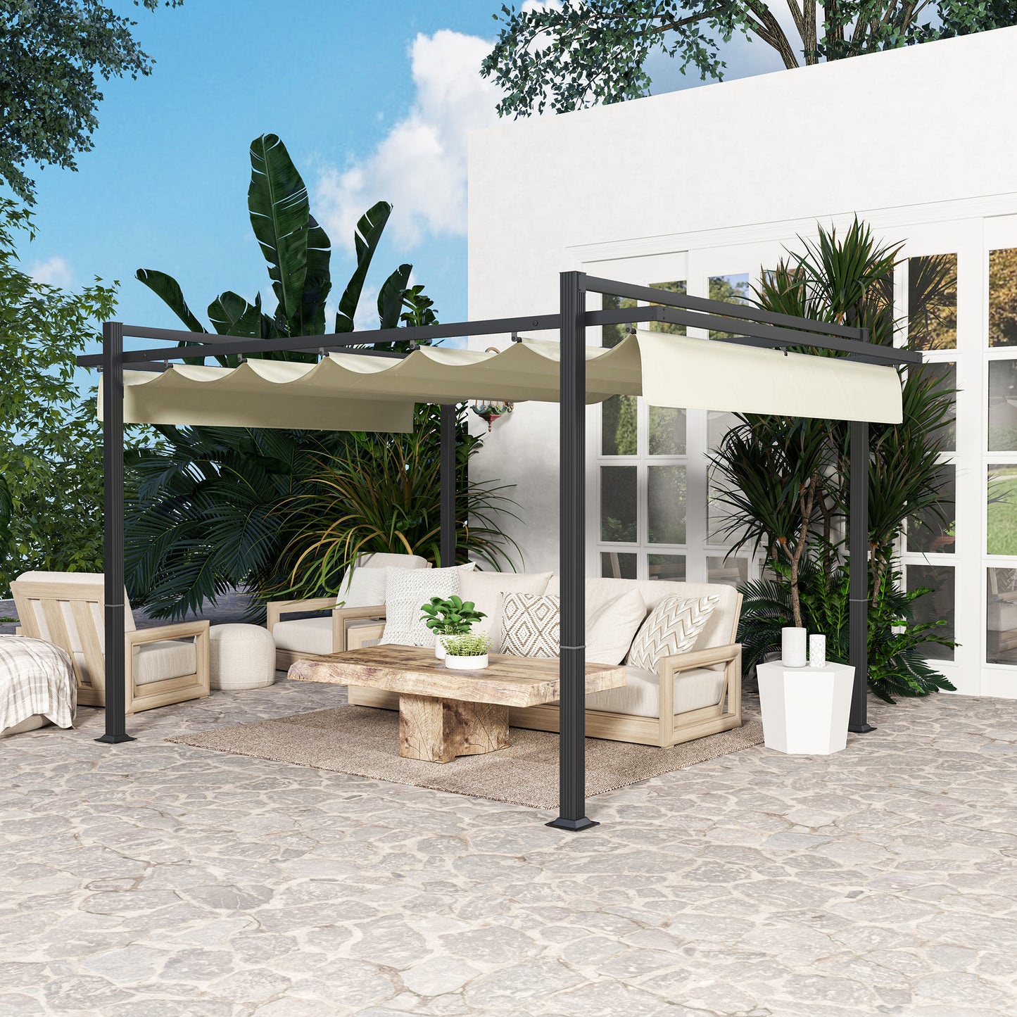 3 x 4m Aluminium Pergola, with Retractable Roof - Grey/Khaki