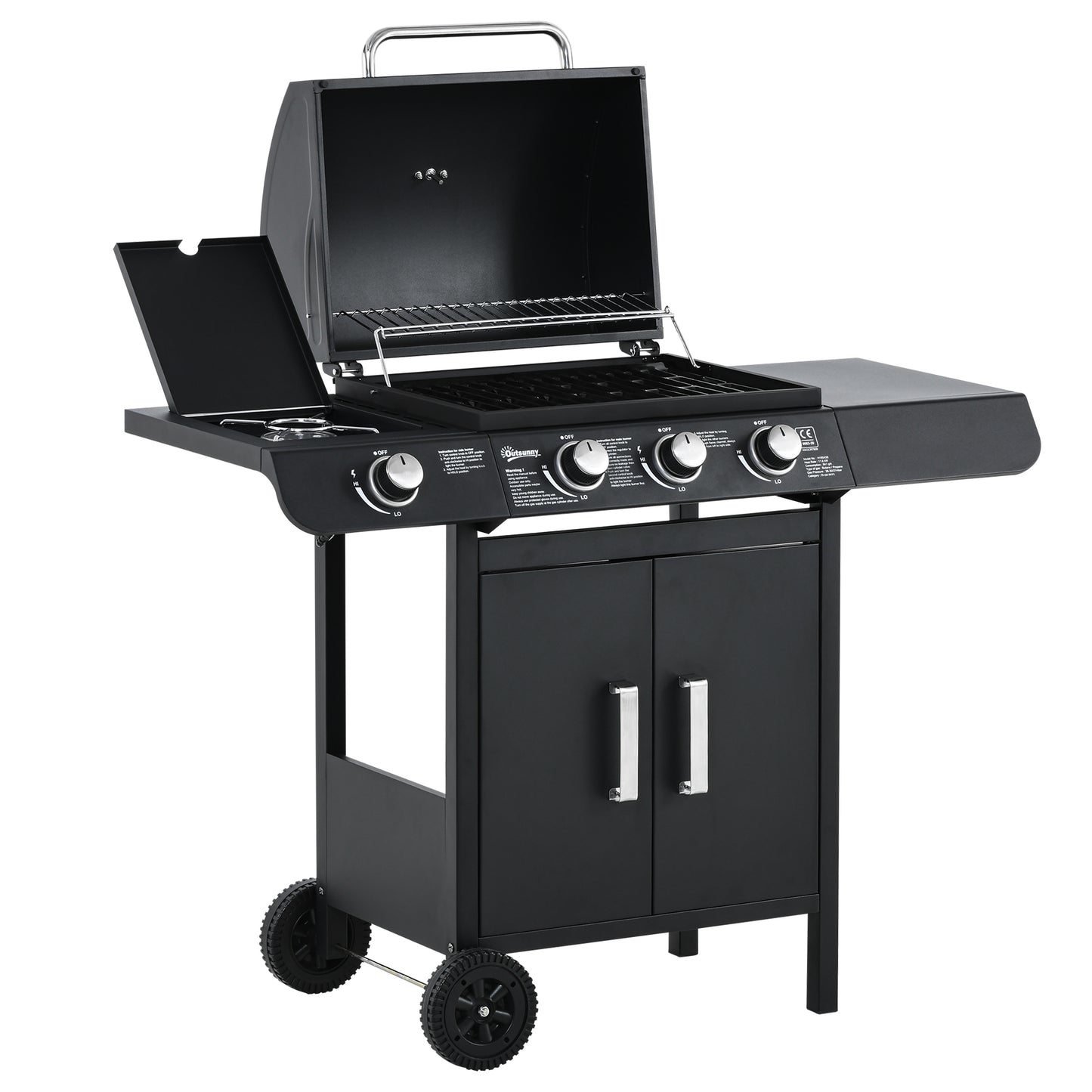 3+1 Burner Gas BBQ Grill, Outdoor Barbecue Trolley with Wheels