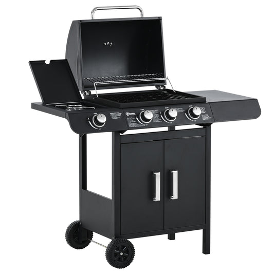 3+1 Burner Gas BBQ Grill, Outdoor Barbecue Trolley with Wheels