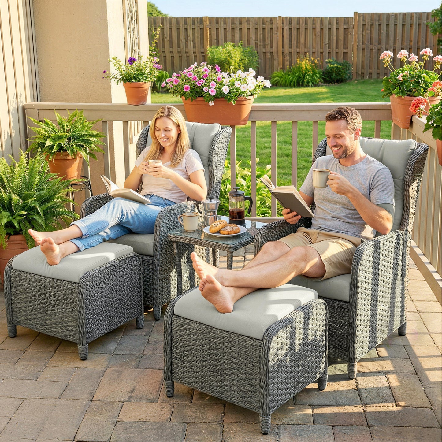 Rattan Reclining Garden Chair Set of 2 with Footstool and Cushion