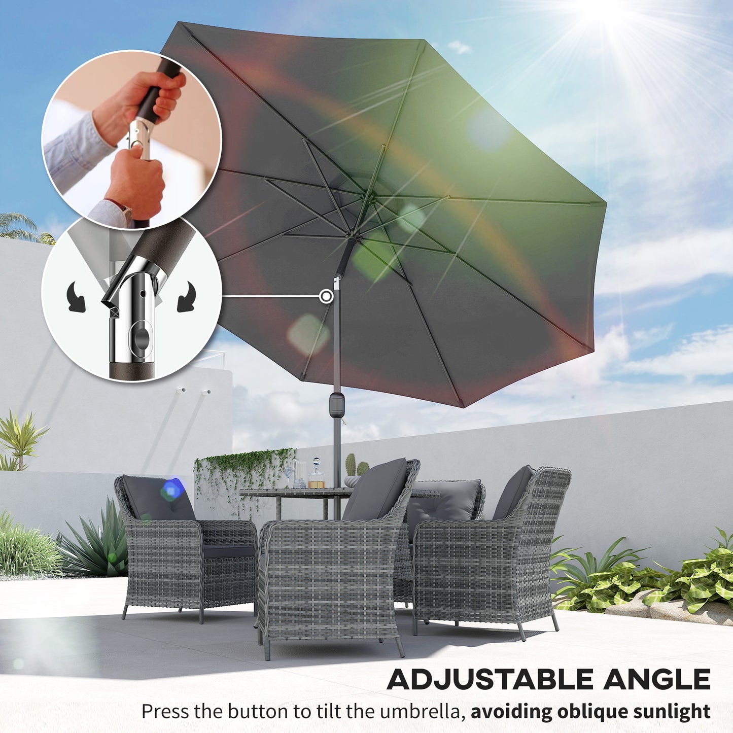 3(m) Tilting Parasol Garden Umbrellas, Outdoor Sun Shade with 8 Ribs