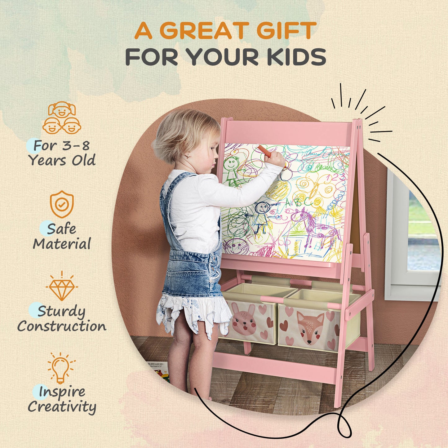 Three-In-One Kids Easel with Paper Roll, Art Easel, with Storage