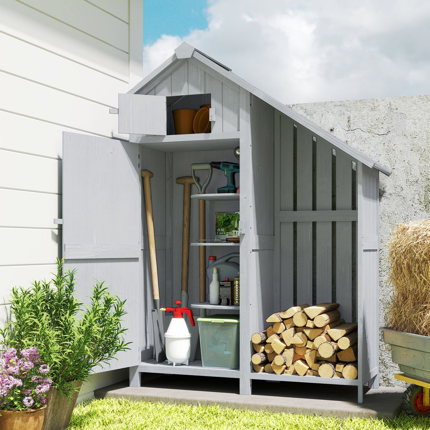 Garden Outdoor Storage Shed 3 Shelves Tilt Roof w/ Firewood Rack