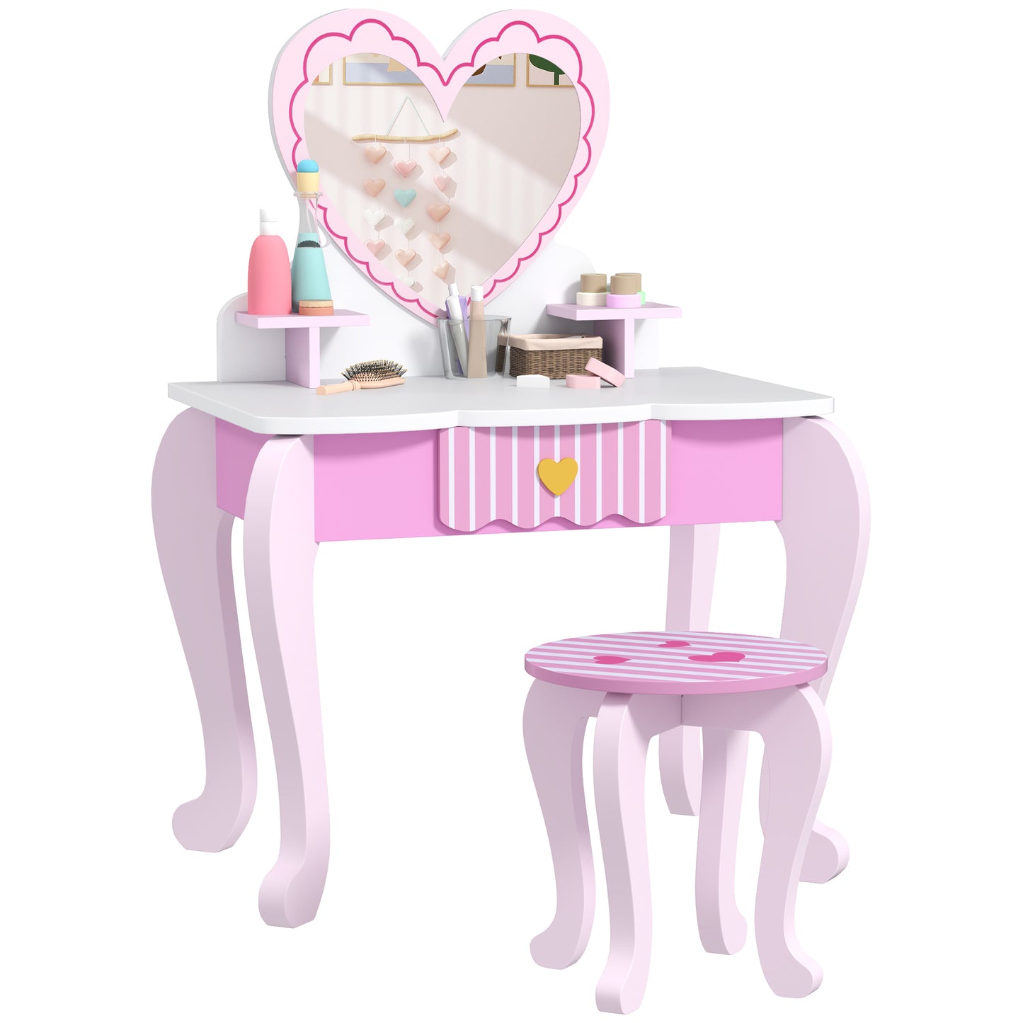 Kids Dressing Table Set, Vanity Table with Stool, Mirror, Drawer (2)