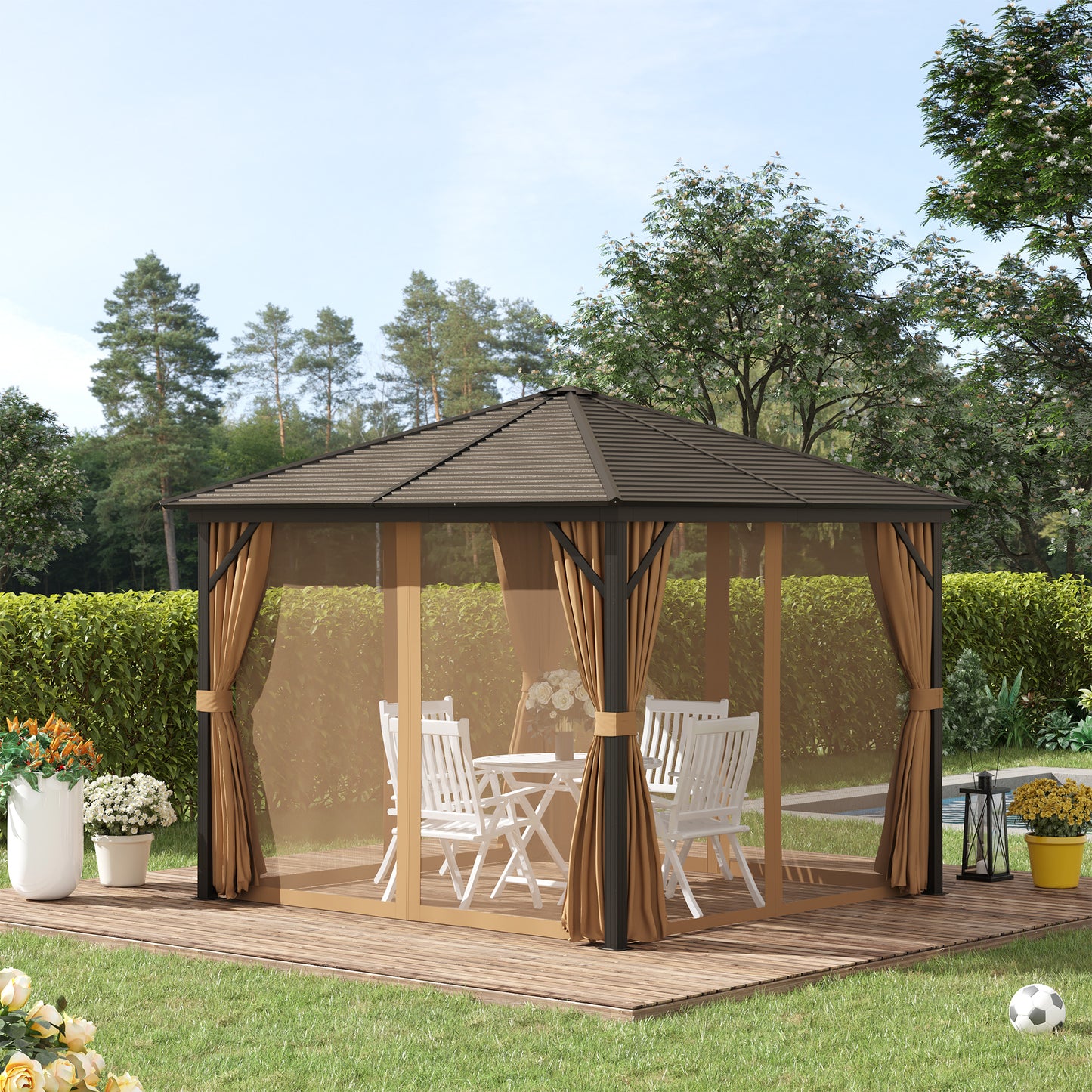 3 x 3(m) Metal Hardtop Gazebo, with Curtains and Accessories