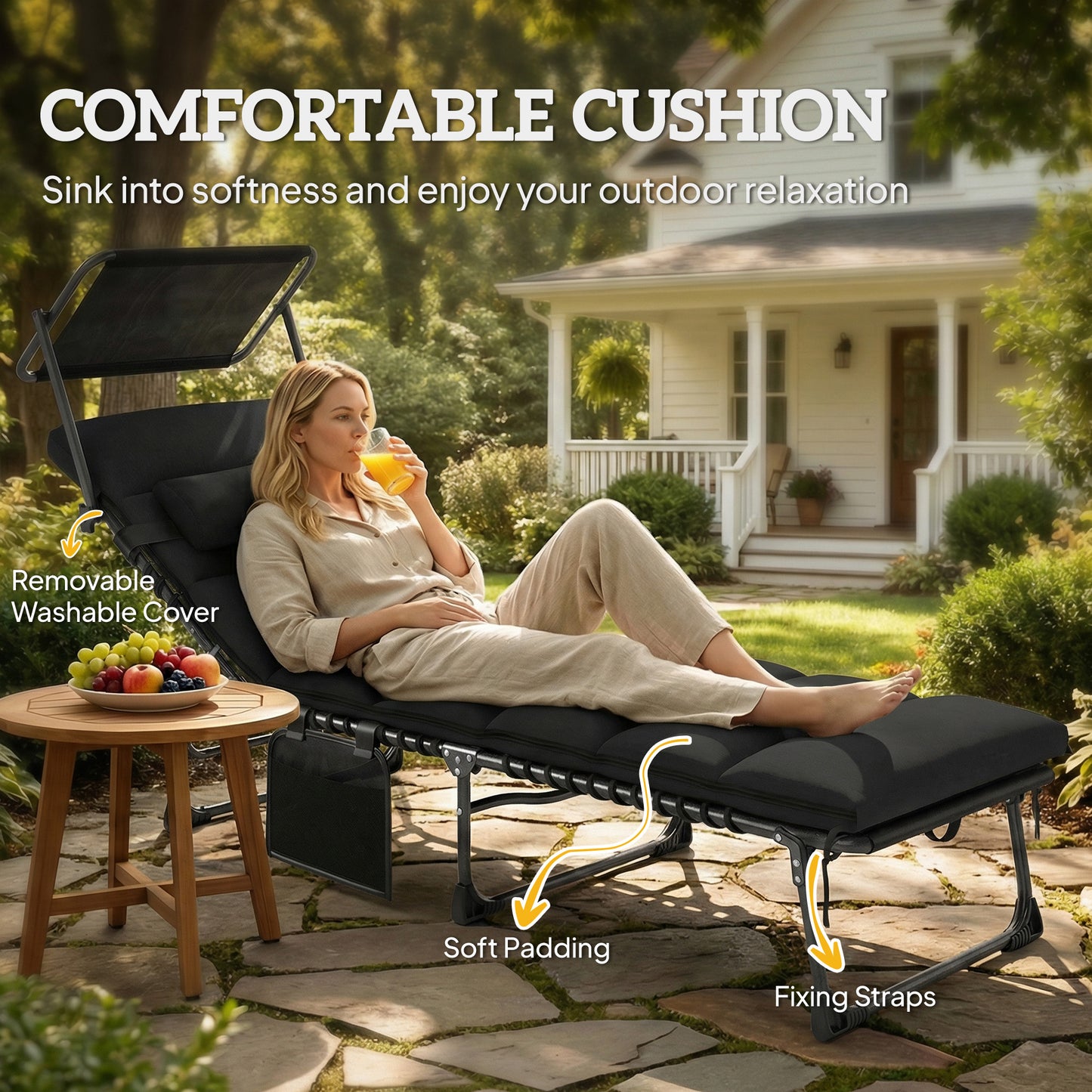 Folding Sun Lounger with Canopy, Reclining Sunbed with Cushion