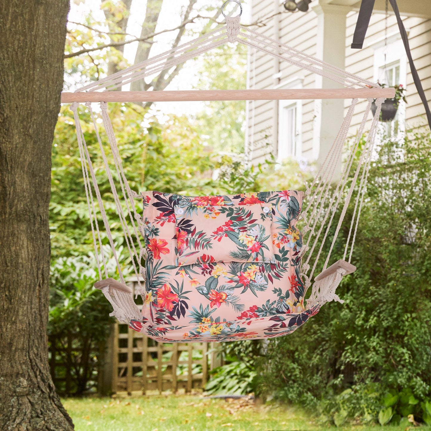 Garden Outdoor Hanging Hammock Chair Thick Rope Frame Wooden Arms