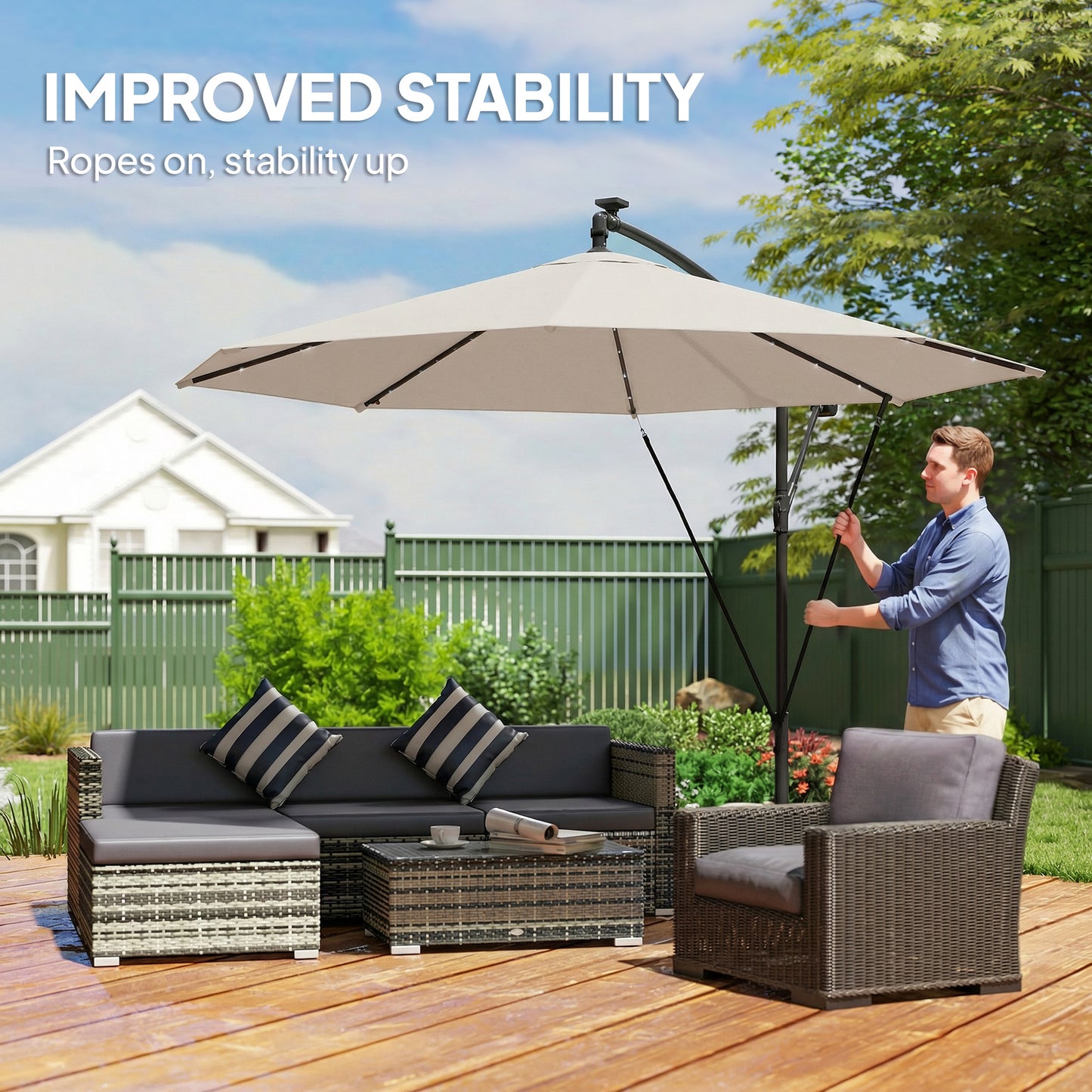 3 m Cantilever Parasol with Solar LED Lights Garden Umbrella
