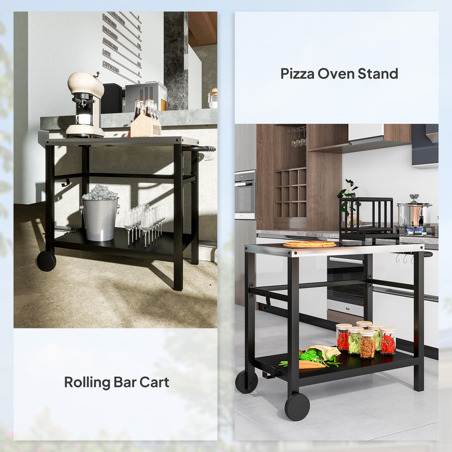 Outdoor Grill Dining Cart 2-Shelf Movable Pizza Oven Table Stand