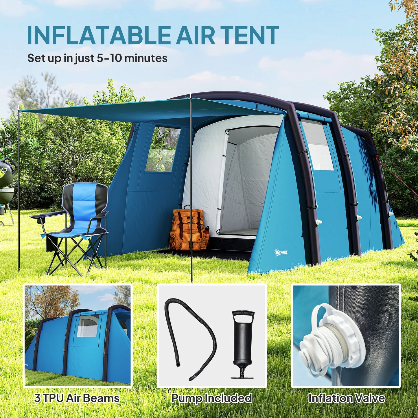 Inflatable 3-4 Man Tunnel Tent w/ Air Pump, Living Area & Vestibule