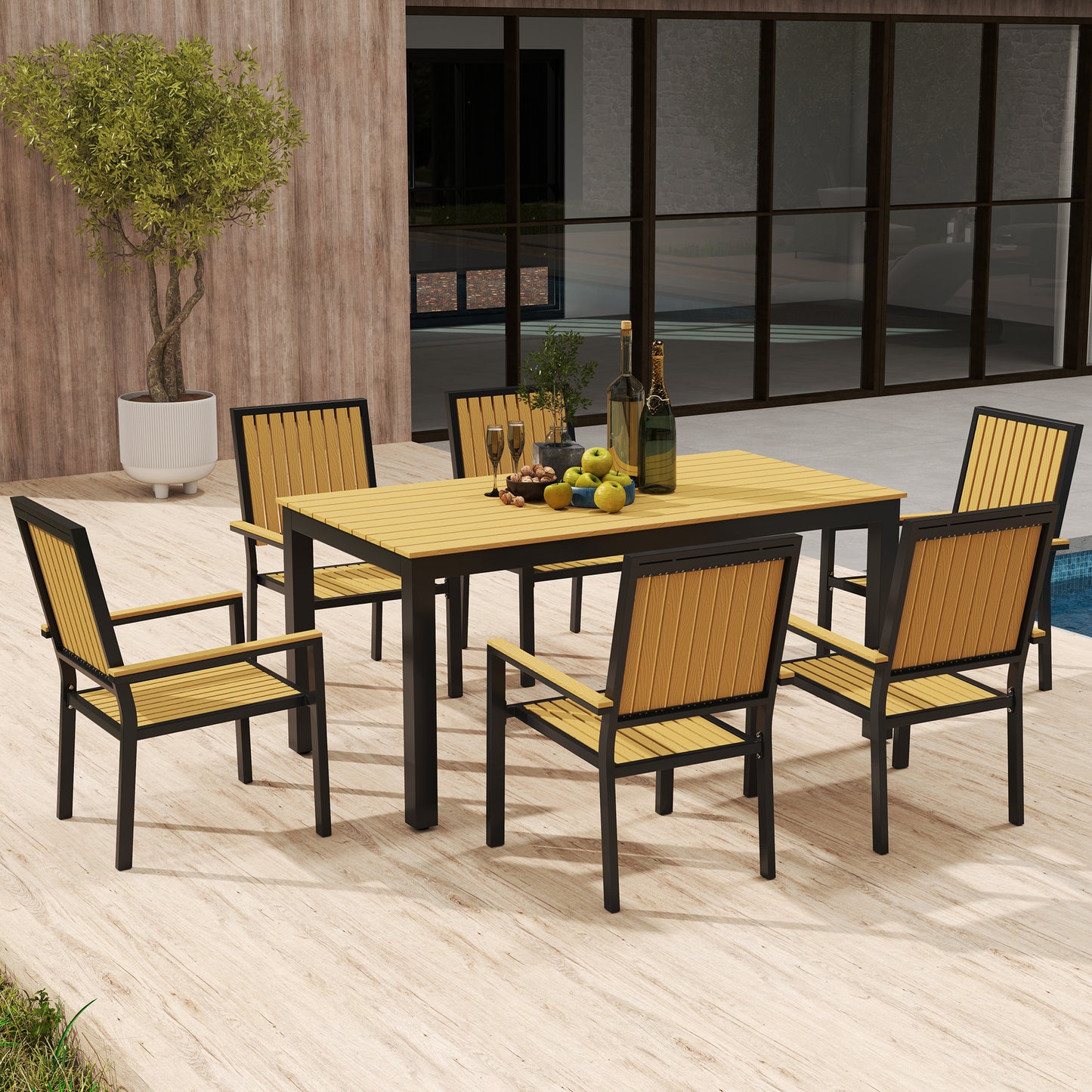 6 Seater Garden Dining Set with Stackable Chairs, Aluminium Frame (1)