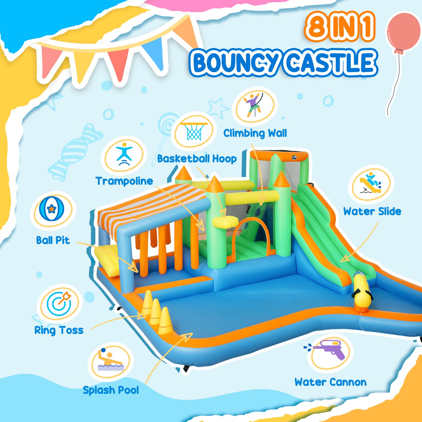8 in 1 Inflatable Bounce House with 550W Blower, Slide, 2 Pools