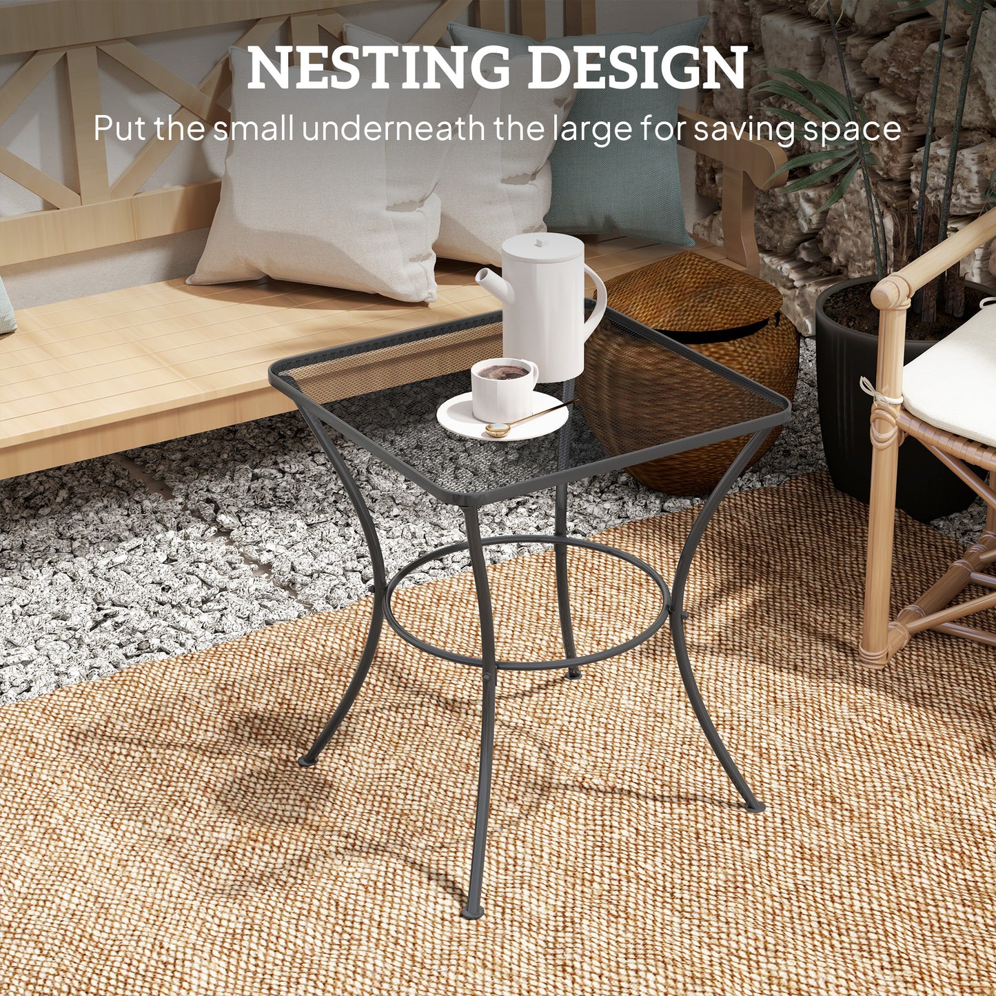 60cm Square Garden Table, Outdoor Metal Bistro Side Desk with Mesh Top