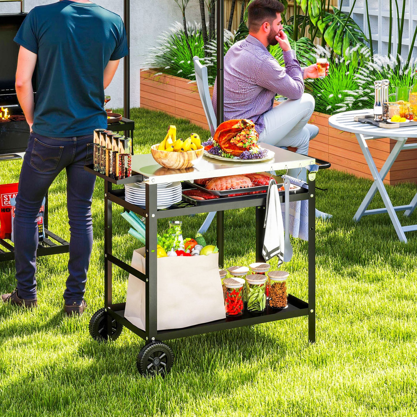 BBQ Trolley with Stainless Steel Top Adjustable Shelf