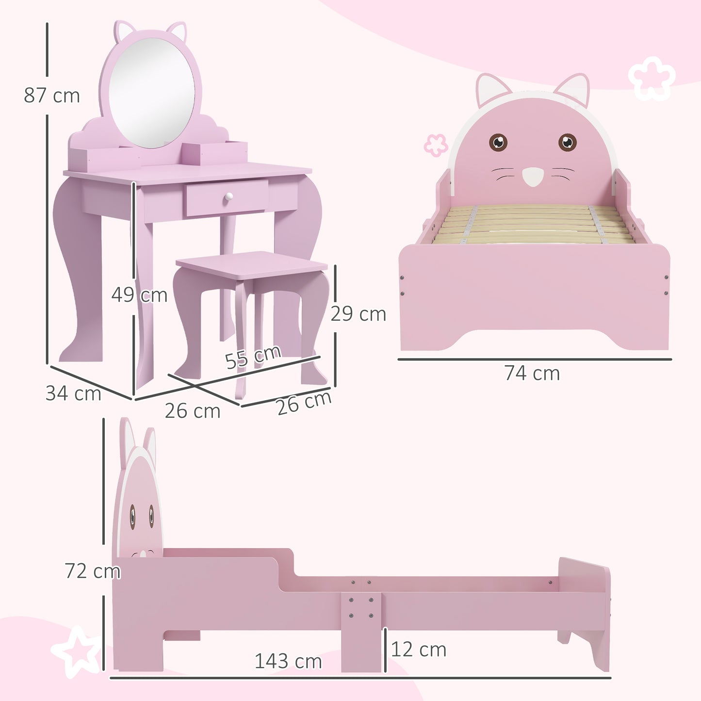 Wooden Kids Bedroom Furniture Set with Kids Dressing Table, Stool (1)