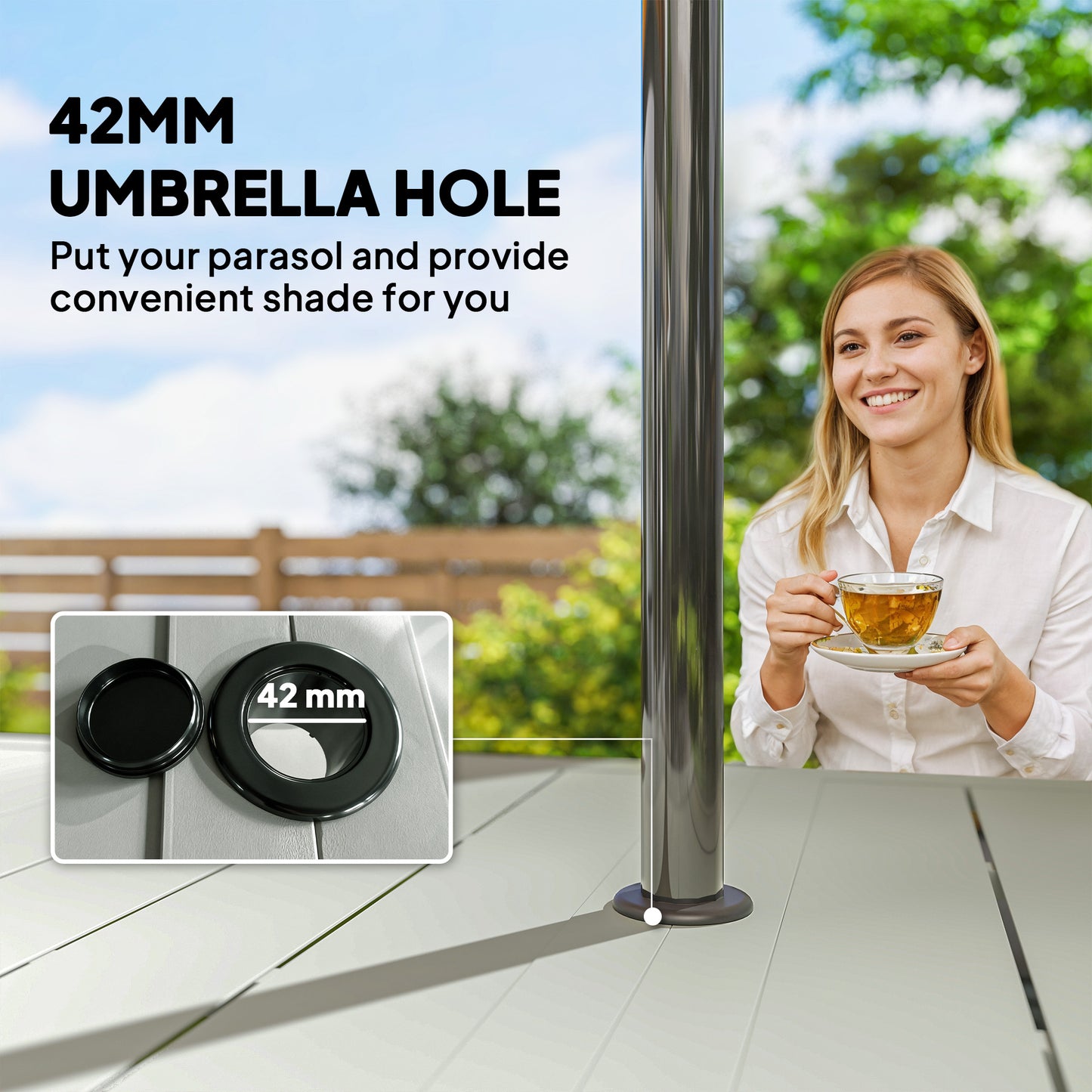 Rectangle Garden Table with Parasol Hole, Outdoor Dining Table for 6