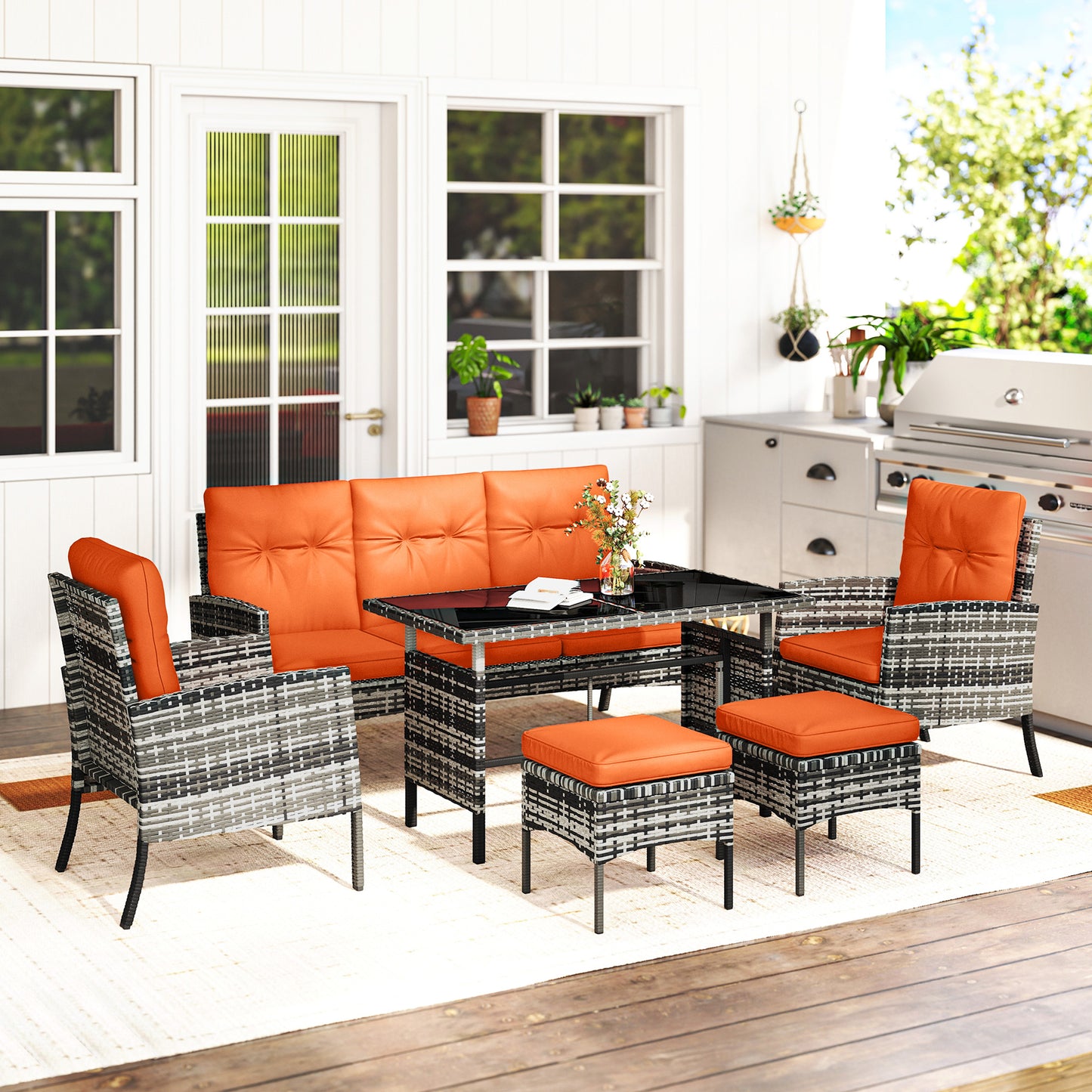 6 Pieces Rattan Garden Furniture Set with Dining Table and Cushions