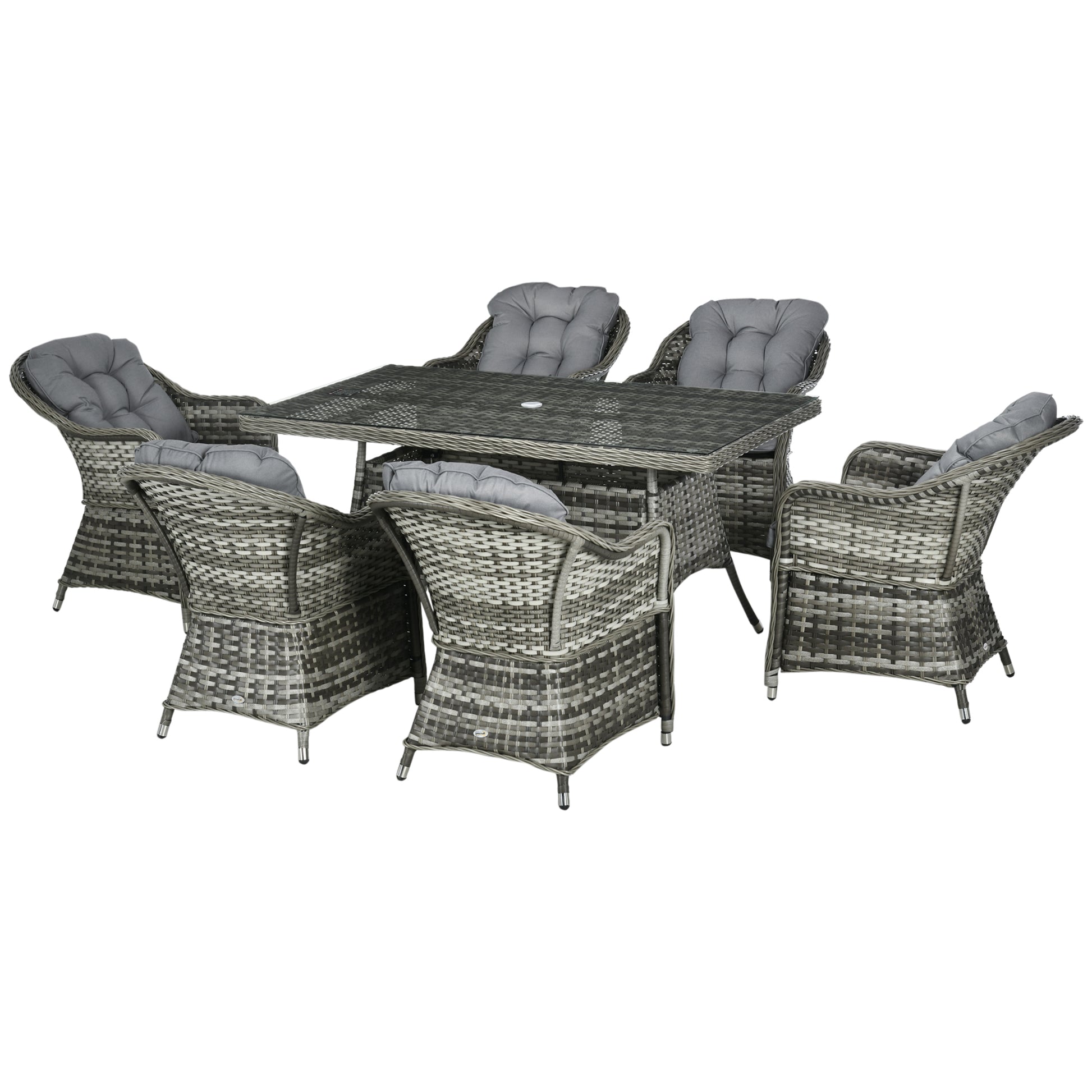 Seven-Piece Rattan Dining Set with Tempered Glass Table Top
