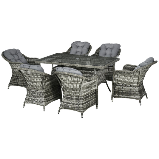Seven-Piece Rattan Dining Set with Tempered Glass Table Top
